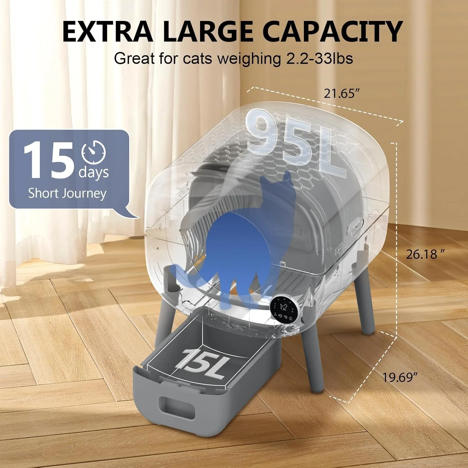 Self Cleaning Litter Box, Large Capacity Automatic Cat Litter Box Self Cleaning for Cats, App Control,Safety Protection, 2 Roll Garbage Bags