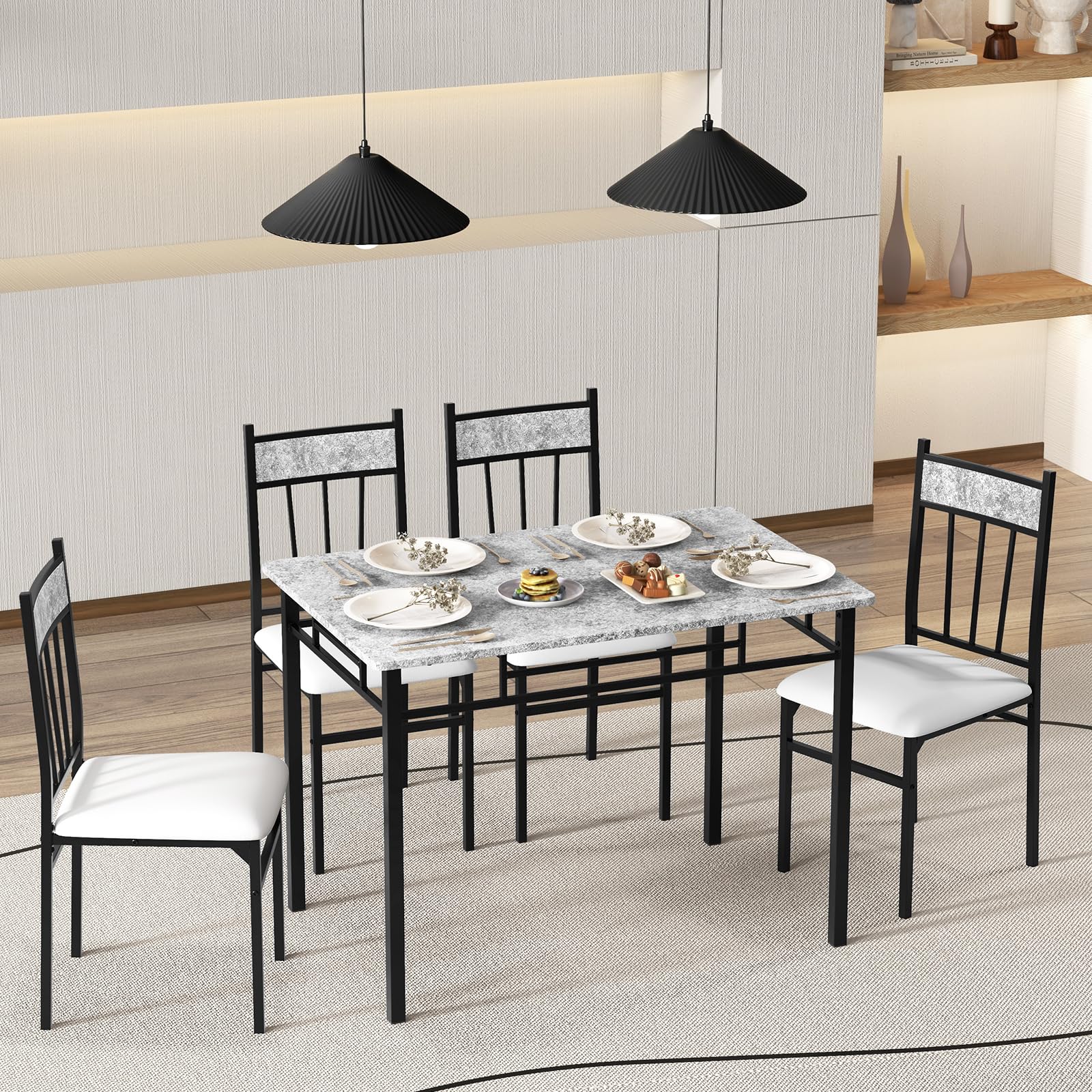 BEFOUNDLOVELY 5 Piece Dining Table Set, Modern Rectangular Dining Table & Upholstered Chair Set w/Marble Tabletop