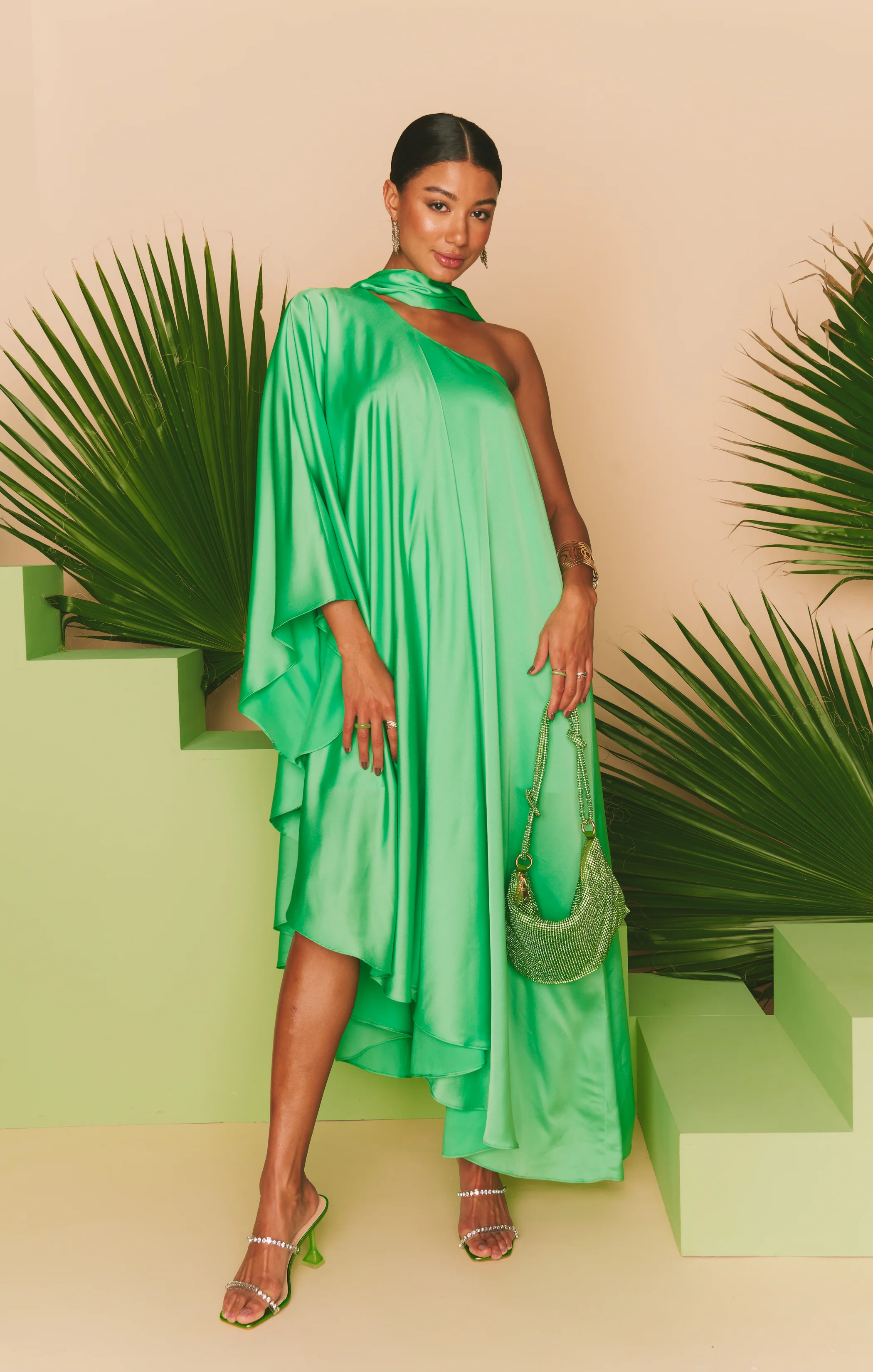 Rhea One Shoulder Dress ~ Kiwi Luxe Satin