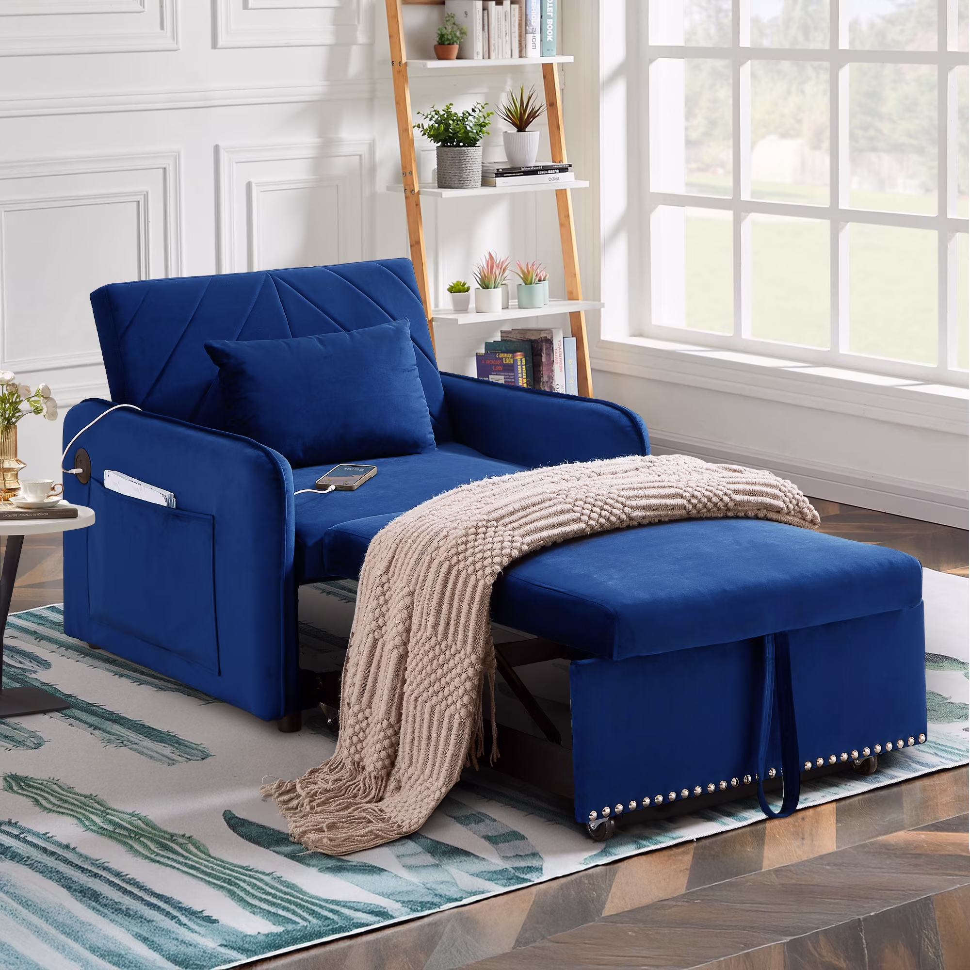 Lunale 3 - in - 1 Convertible Sleeper Chair Bed, Indoor Lounge Chair with USB/Type - C Charging Ports, Modern Recliner Sofa for Living Room, Gray Velvet