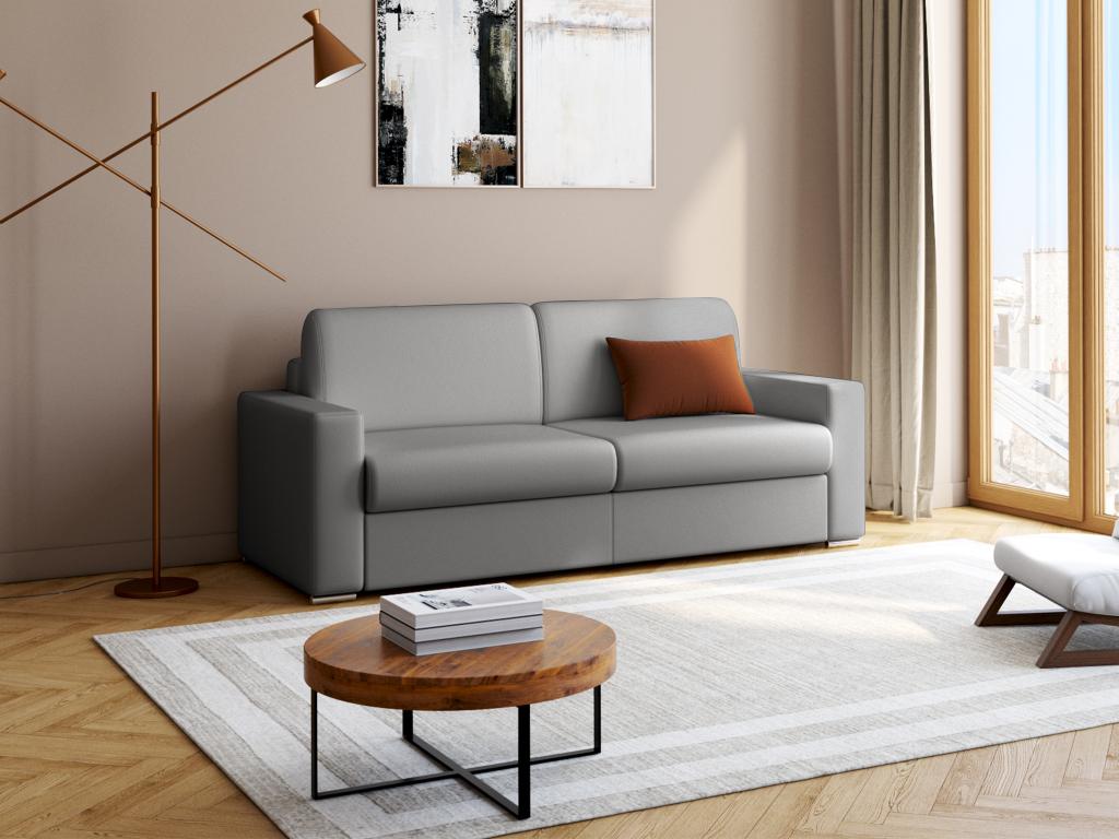 Sofá cama de 4 plazas tipo italiano de piel sintética CALITO - Gris - Somier de láminas de 160 cm - Colchón 16 cm con espuma con memoria de forma