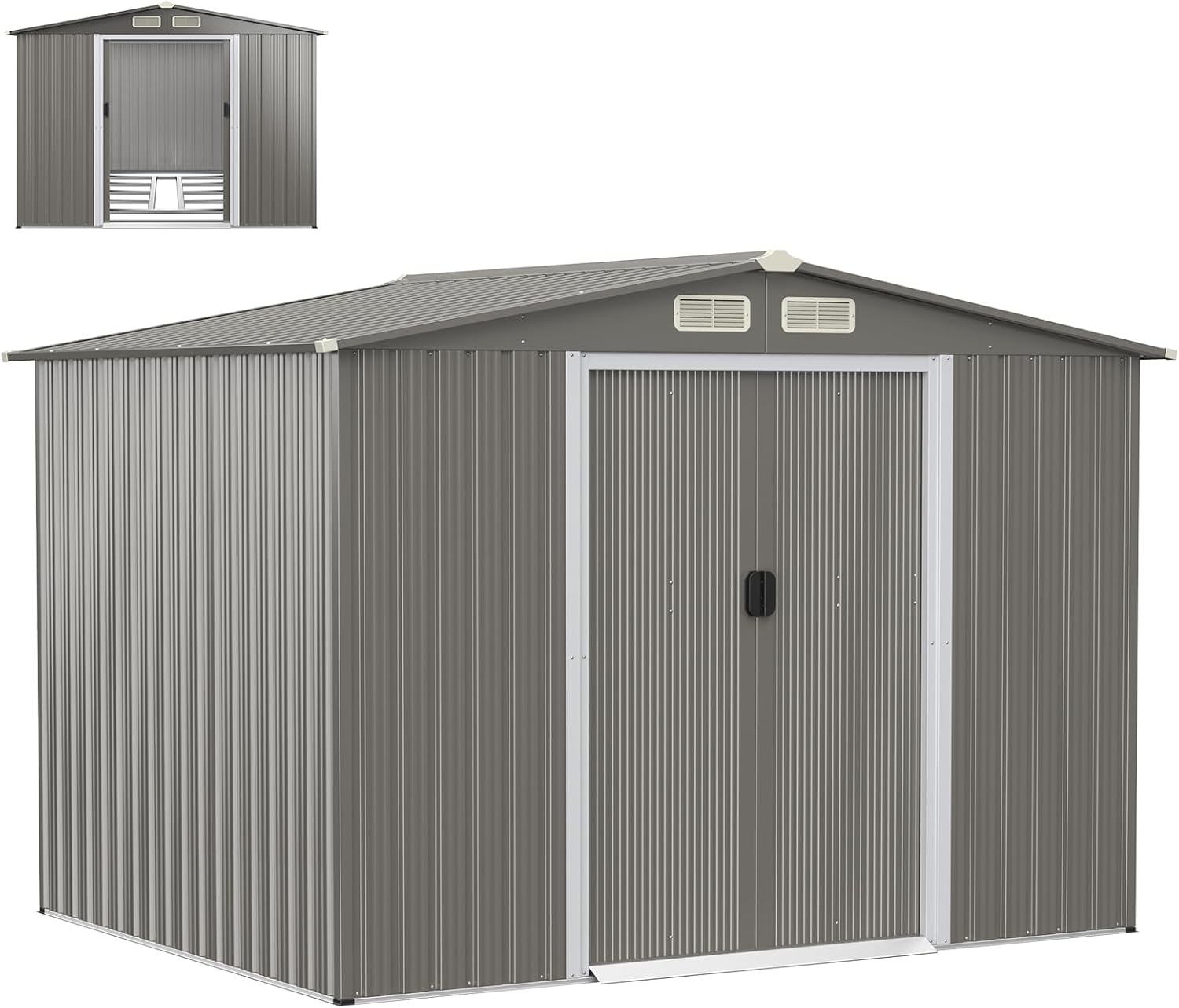 HOMASIS Casetta da Giardino in Metallo, Capannone per Attrezzi con Tetto a 2 Falde e Fondamenta, Capanno con 4 Finestre e 2 Porte Scorrevoli (Grigio chiaro, 260 x 207 x 180 cm, 9,7 m³)