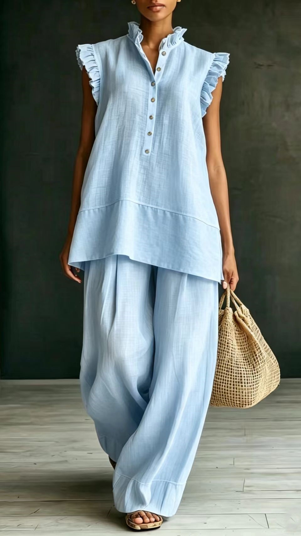 Women's Ruffled Sleeveless Shirt and Loose-Fit Trousers Two-Piece Set - Nordfashionstorm - Women's Clothing, Fashion for You - Nordfashionstorm.com