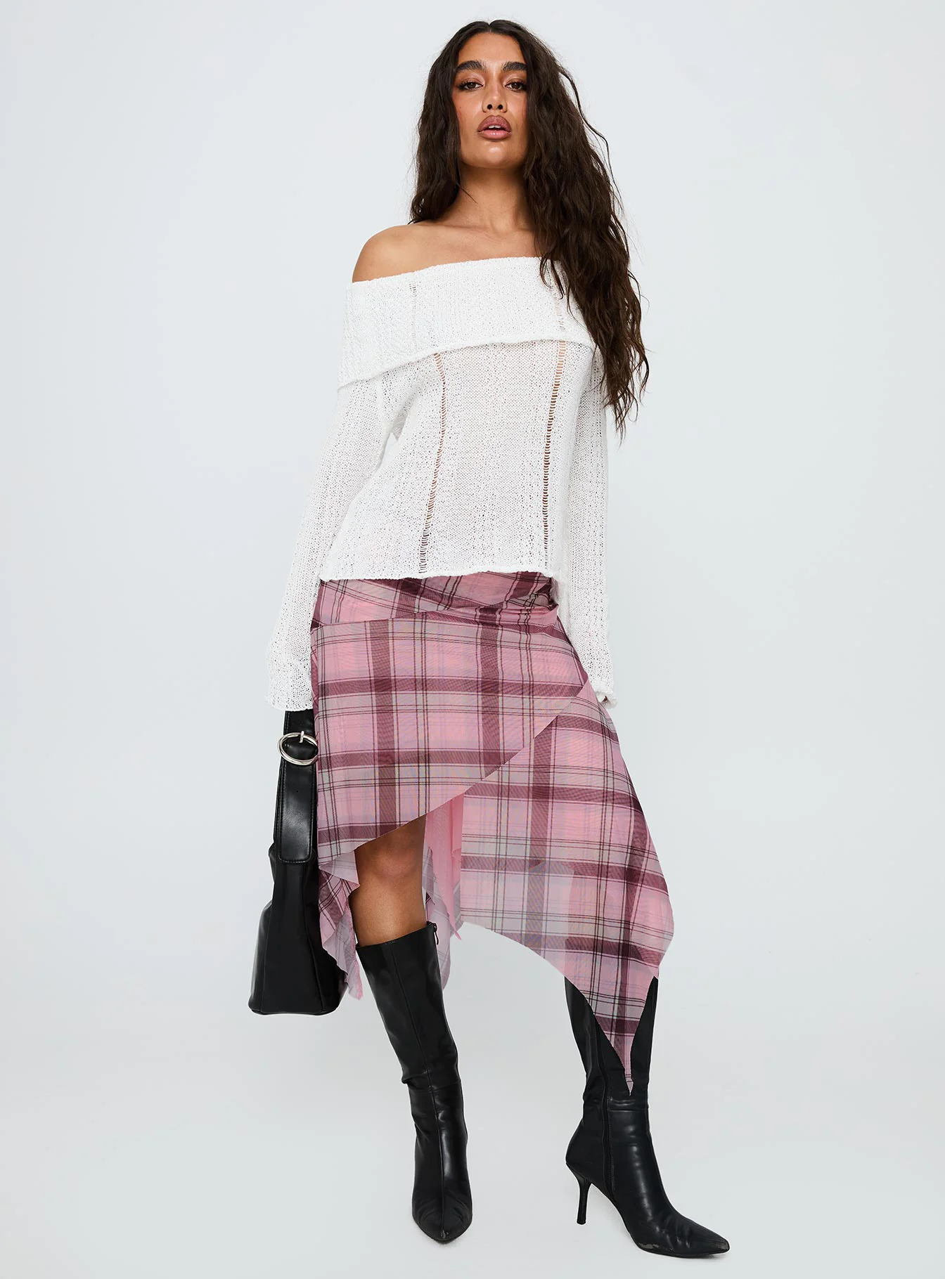 Anali Asymmetrical Midi Skirt Pink / Multi Check