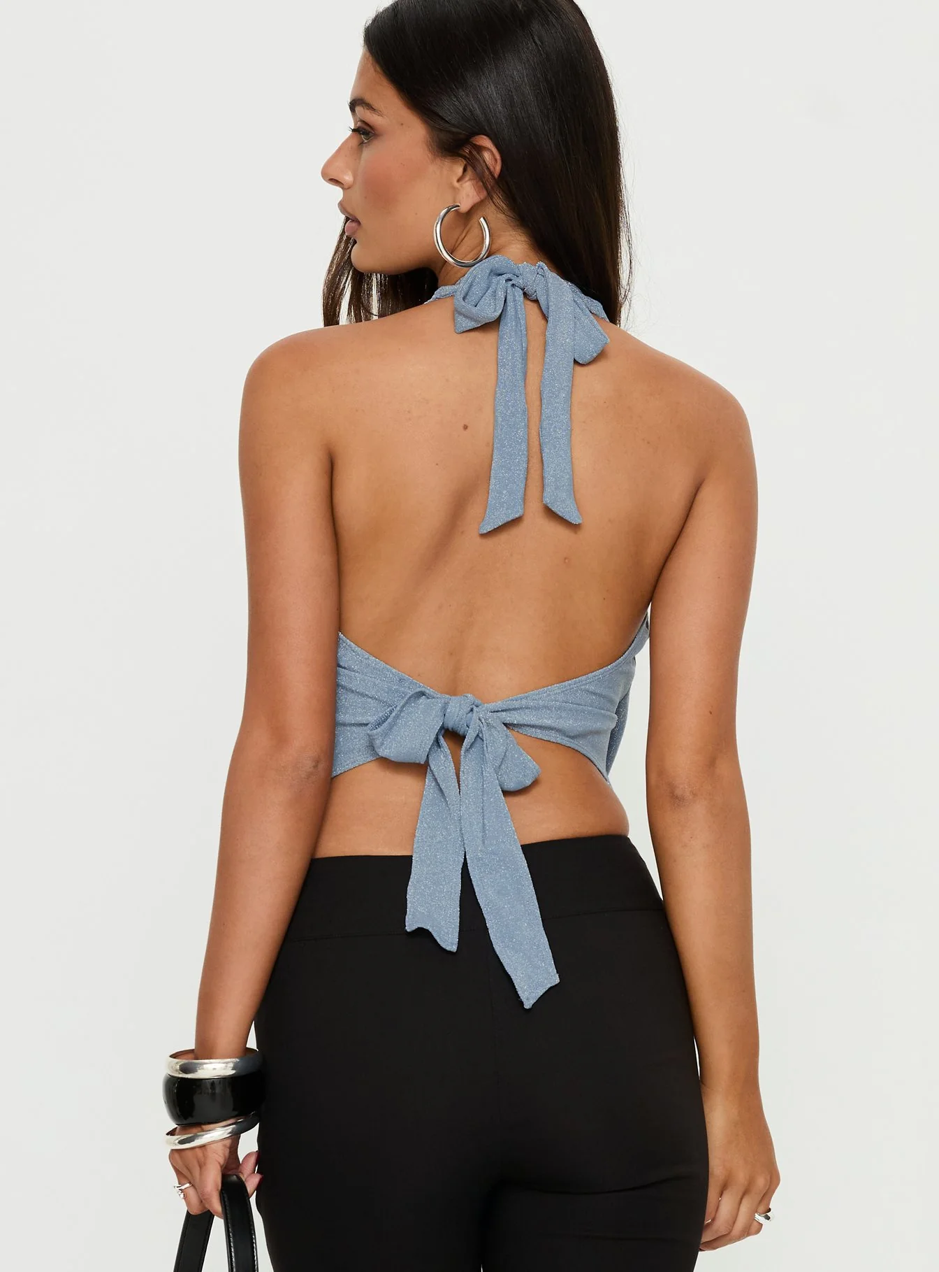 Lillyan Cross Front Backless Top Blue Shimmer