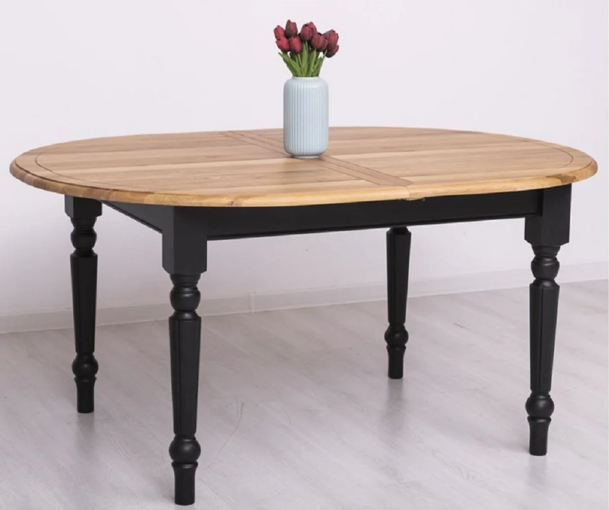 Country house style dining table natural colors / black 160-200 x 120 x H. 78 cm - Oval extendable solid wood kitchen table with oak table top - Dining room furniture in country house style