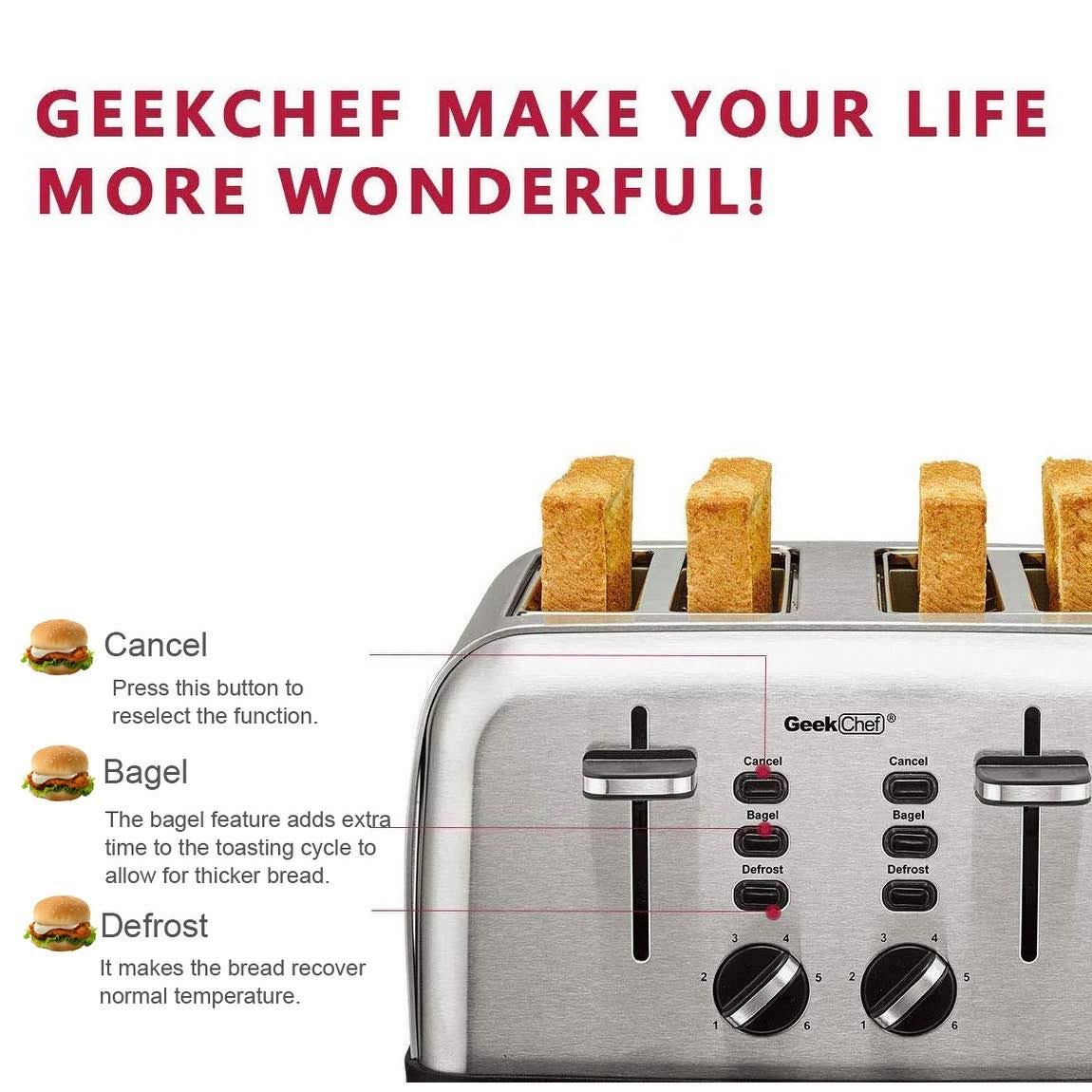 Extra Wide Slots Toaster 4 Slice, 6 Browning Settings Auto Pop-Up - Stainless Steel - 10.9 W x 11.8 D x 7.1 H Inches - Silver