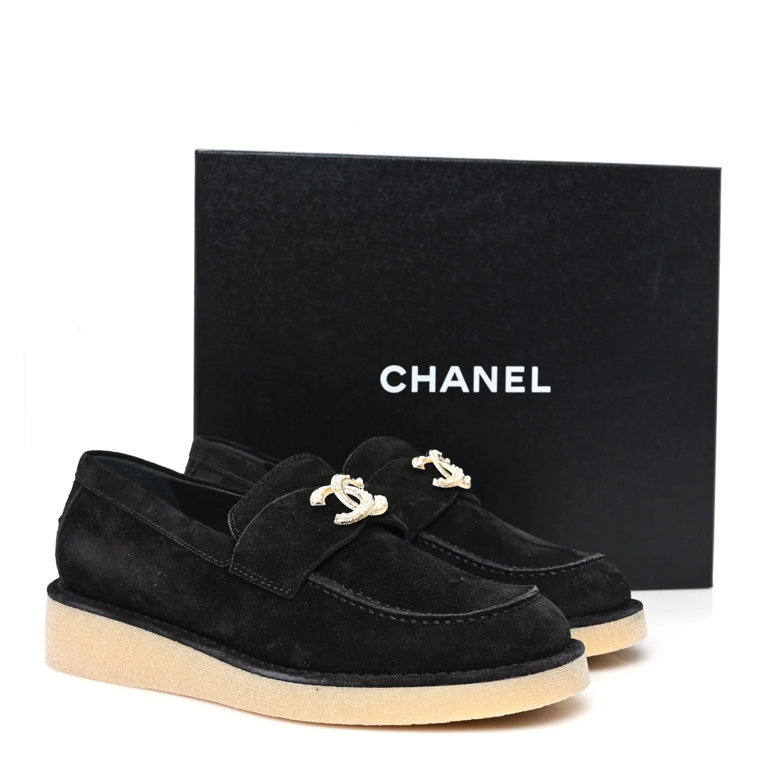 Suede Calfskin Pearl CC Moccasin Loafers 38.5 Black - Top Club