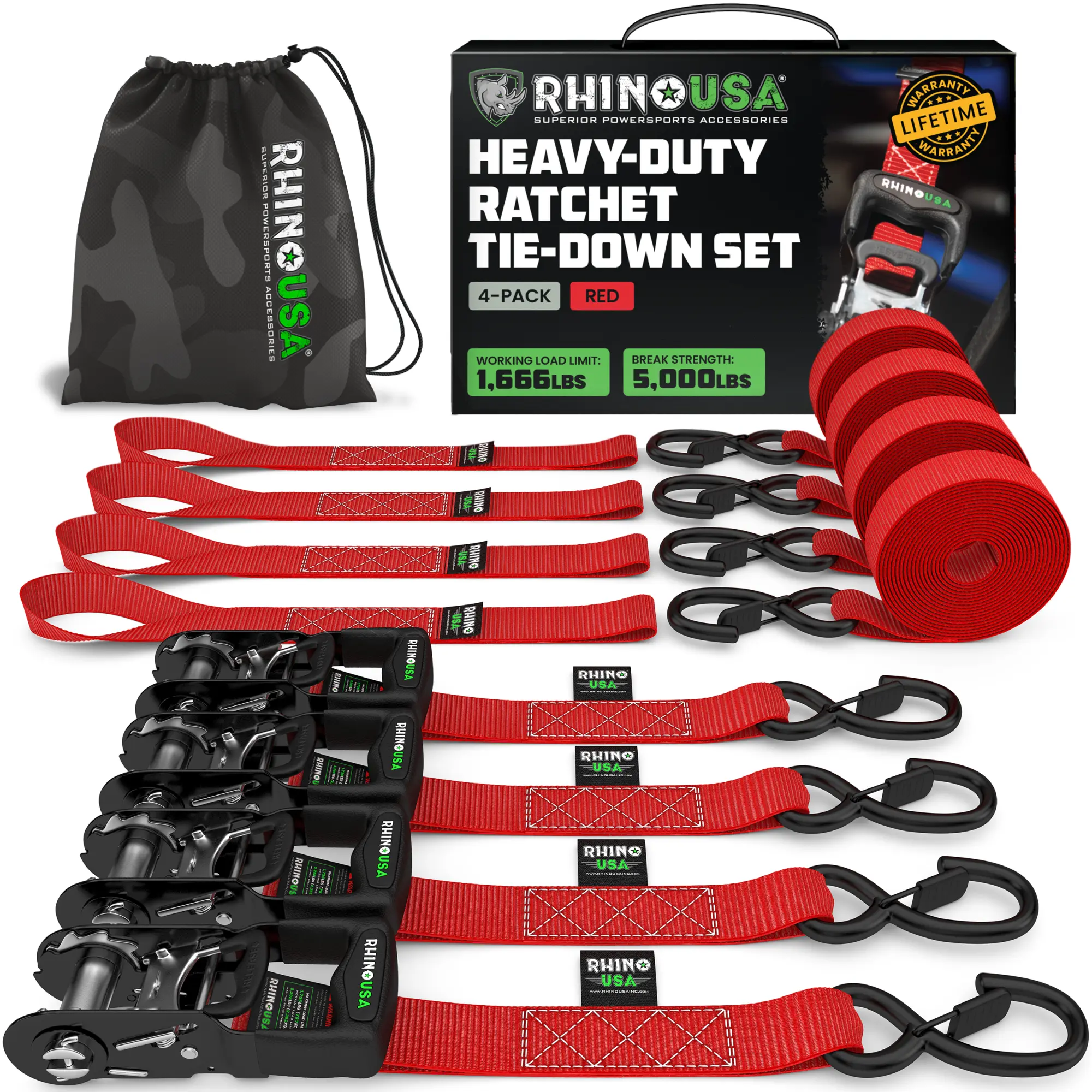 Rhino USA TRADITIONAL Ratchet Straps Heavy Duty Kit - 1.6 Inch x 8ft -15ft (5,208lb Break Strength) 2-4 pack