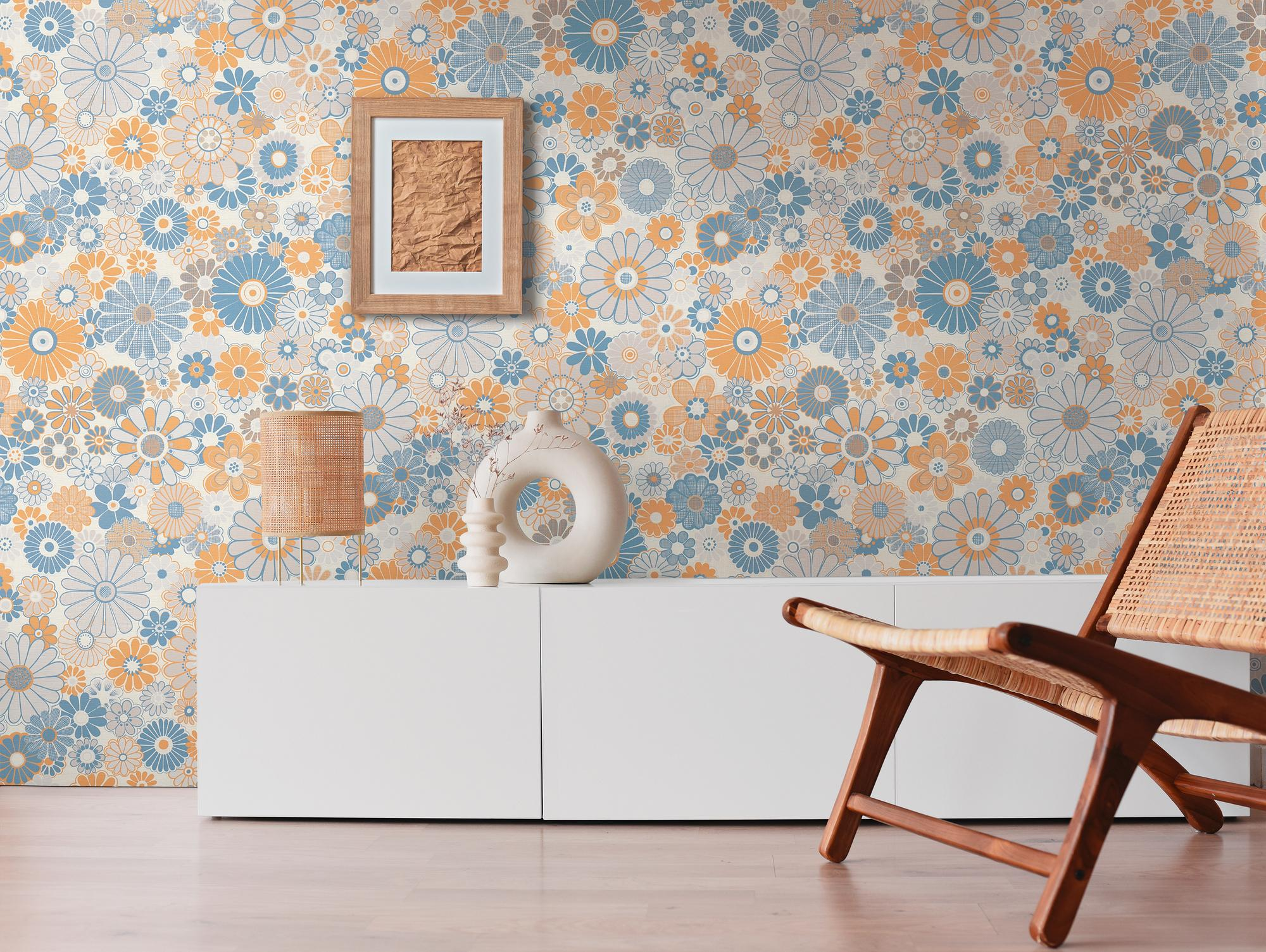 Vliesbehang met bloemmotief in retro stijl - blauw, oranje, grijs #1