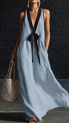 Women's Cotton-Blend Color-Blocked V-Neck Tie Sleeveless Maxi Dress - Nordfashionstorm - Women's Clothing, Fashion for You - Nordfashionstorm.com