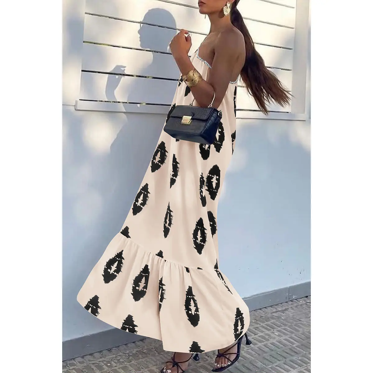 PrettyGarden Women's One Shoulder Spaghetti Strap Printed A Line Flowy Boho Maxi Long Sundress