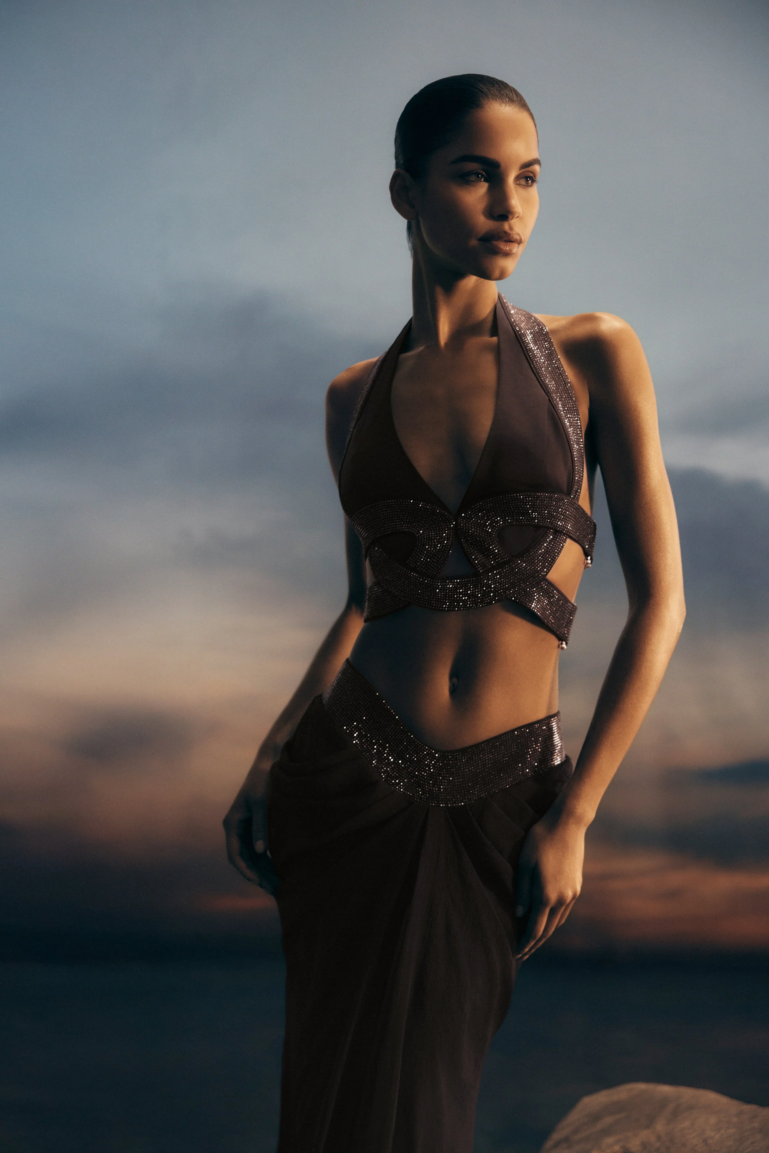 Siren Satin And Diamante Halter Top - Dark Chocolate