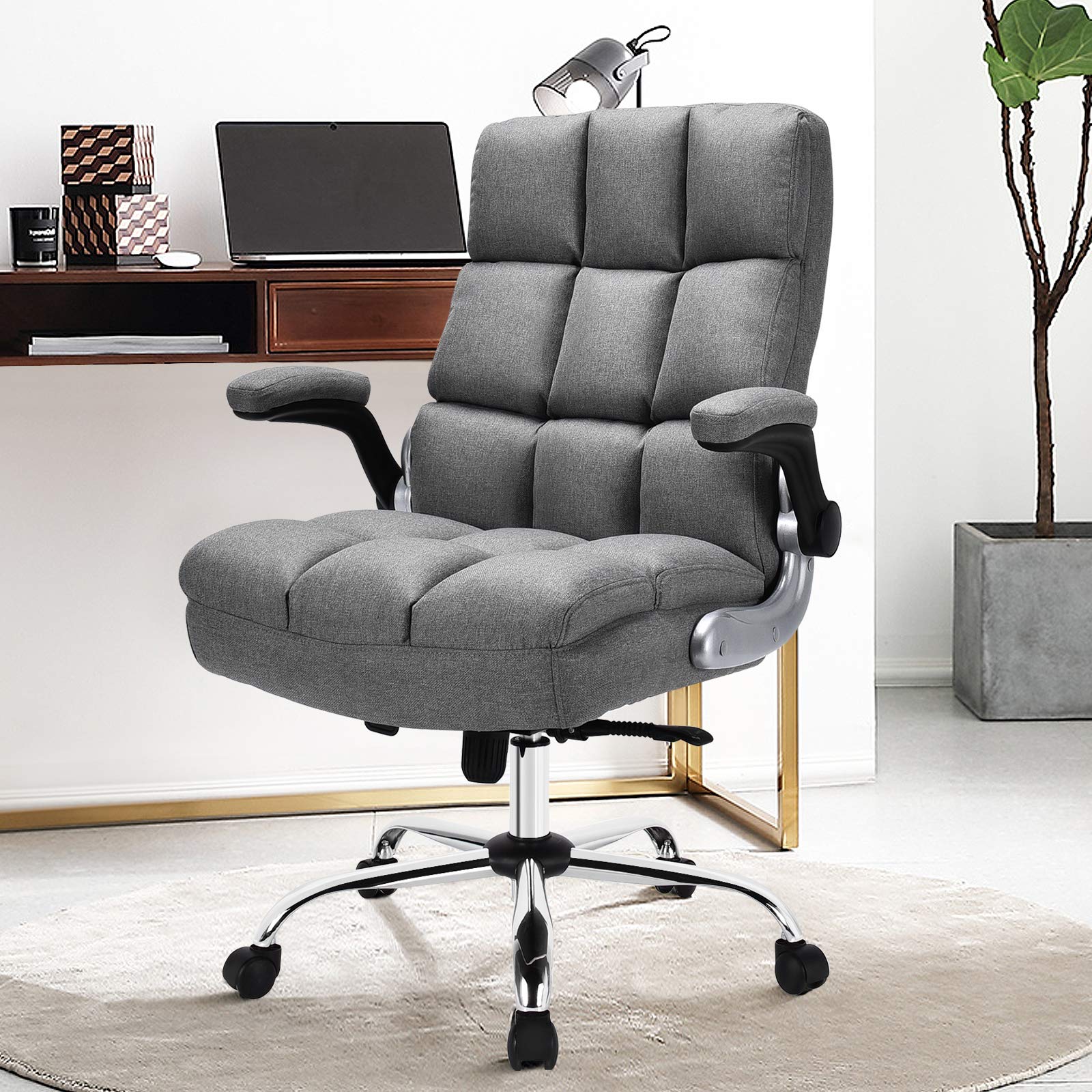BEFOUNDLOVELY Executive Office Chair, Adjustable Tilt Angle and Flip-up Armrest Linen Fabric Upholstered Chair with Thick Padding