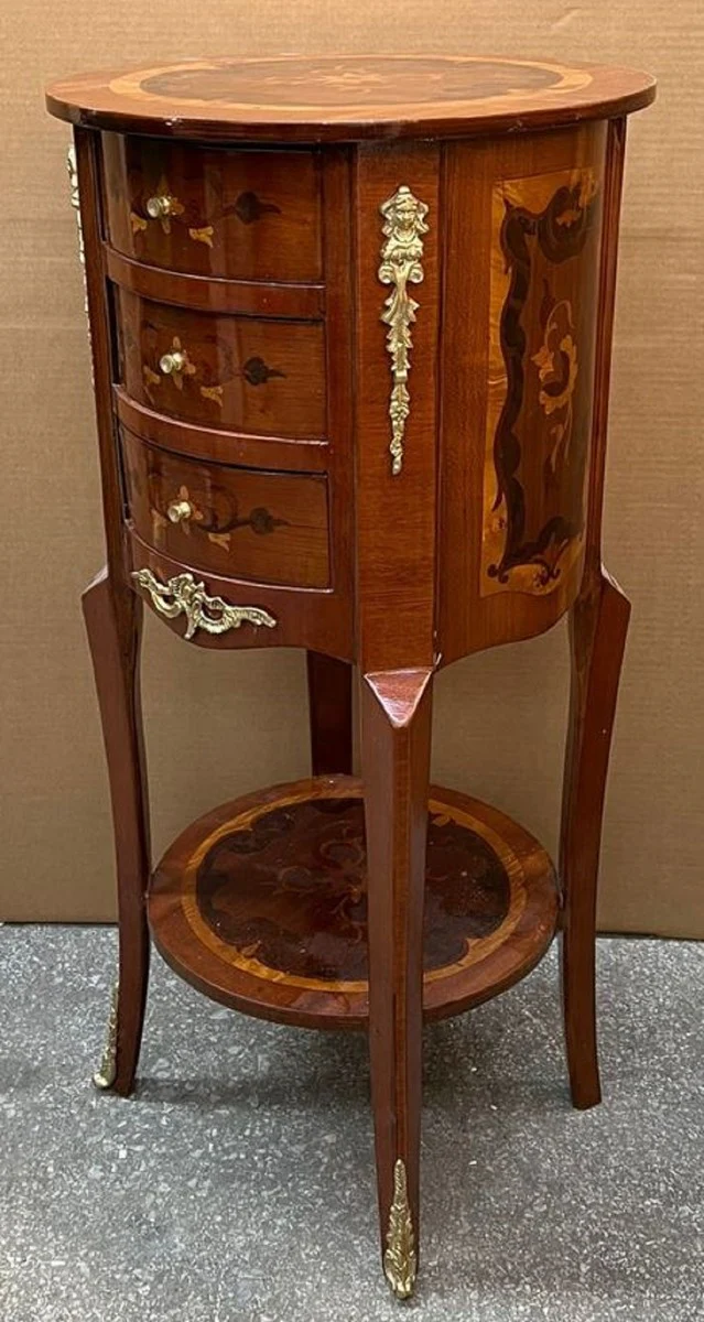 Baroque night dresser brown inlaid / gold - round baroque style chest of drawers with 3 drawers - baroque furniture - bedroom furniture in baroque style - noble & magnificent