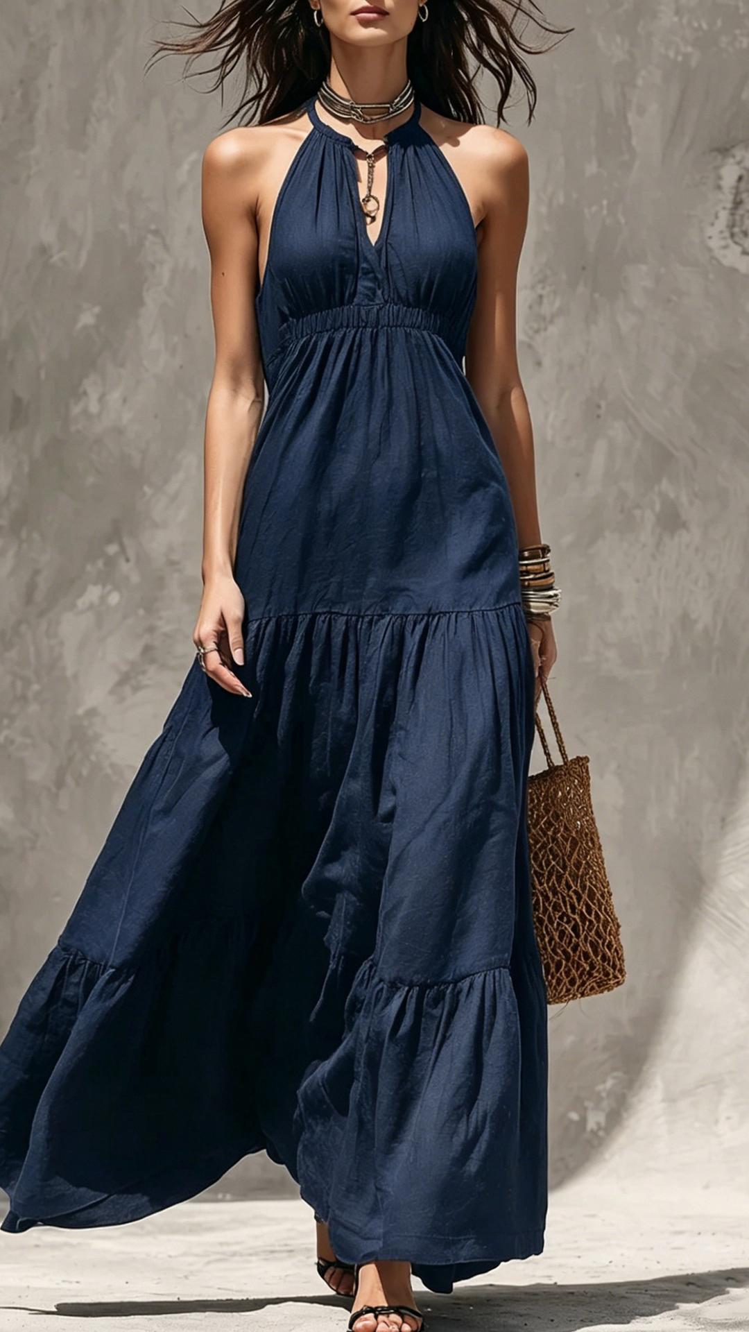 Women's Khaki Halter Waisted Tiered Maxi Dress - Nordfashionstorm - Women's Clothing, Fashion for You - Nordfashionstorm.com