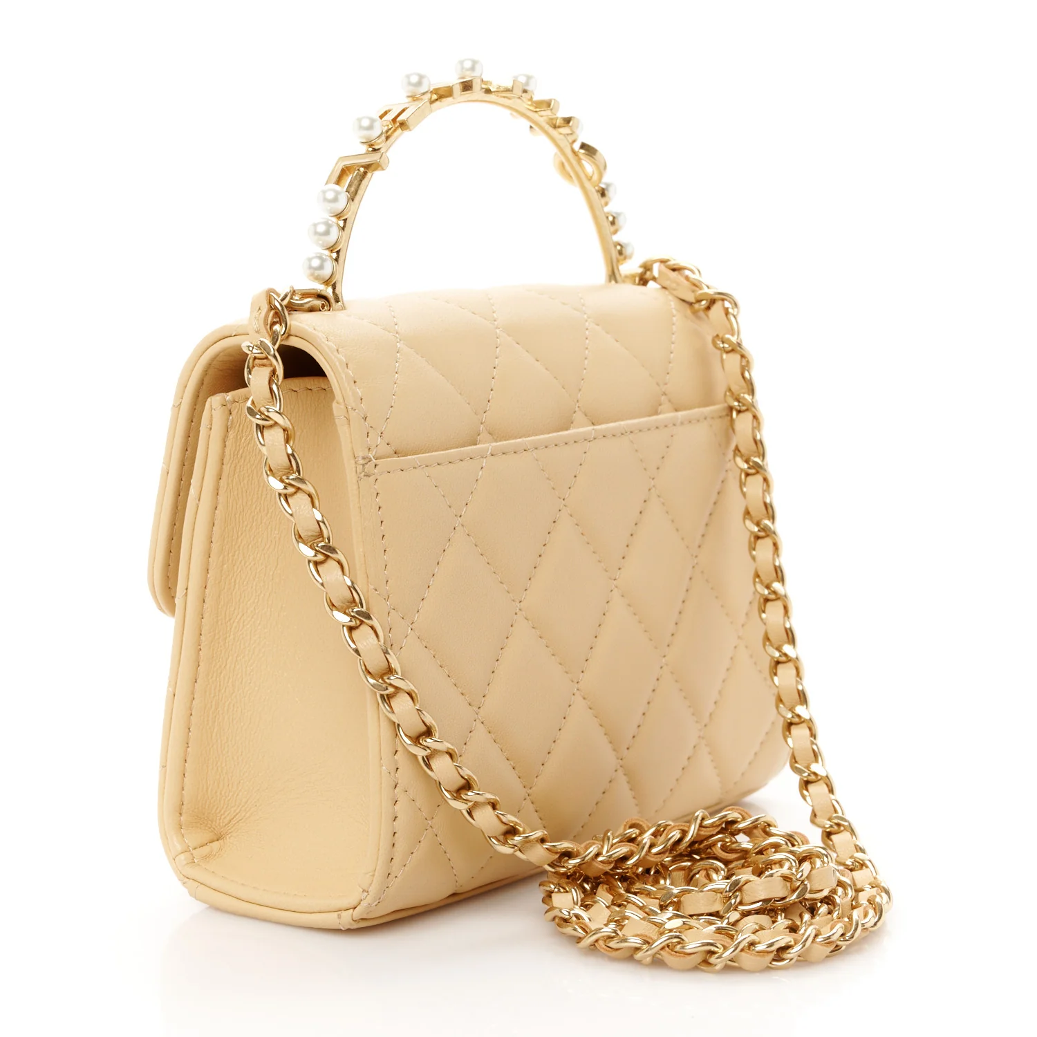 Lambskin Quilted Pearl Top Handle Flap With Chain Beige - Top Club