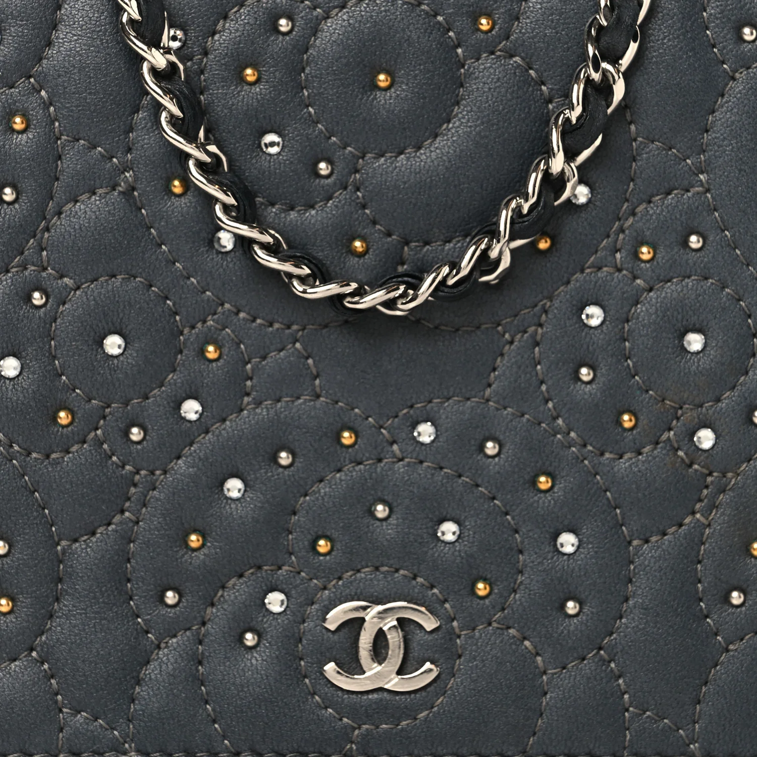 Lambskin Camellia Studded Wallet on Chain WOC Grey - Top Club