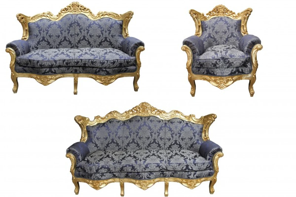 Baroque living room set royal blue pattern/gold - 3 seater sofa + 2 seater sofa + 1 armchair