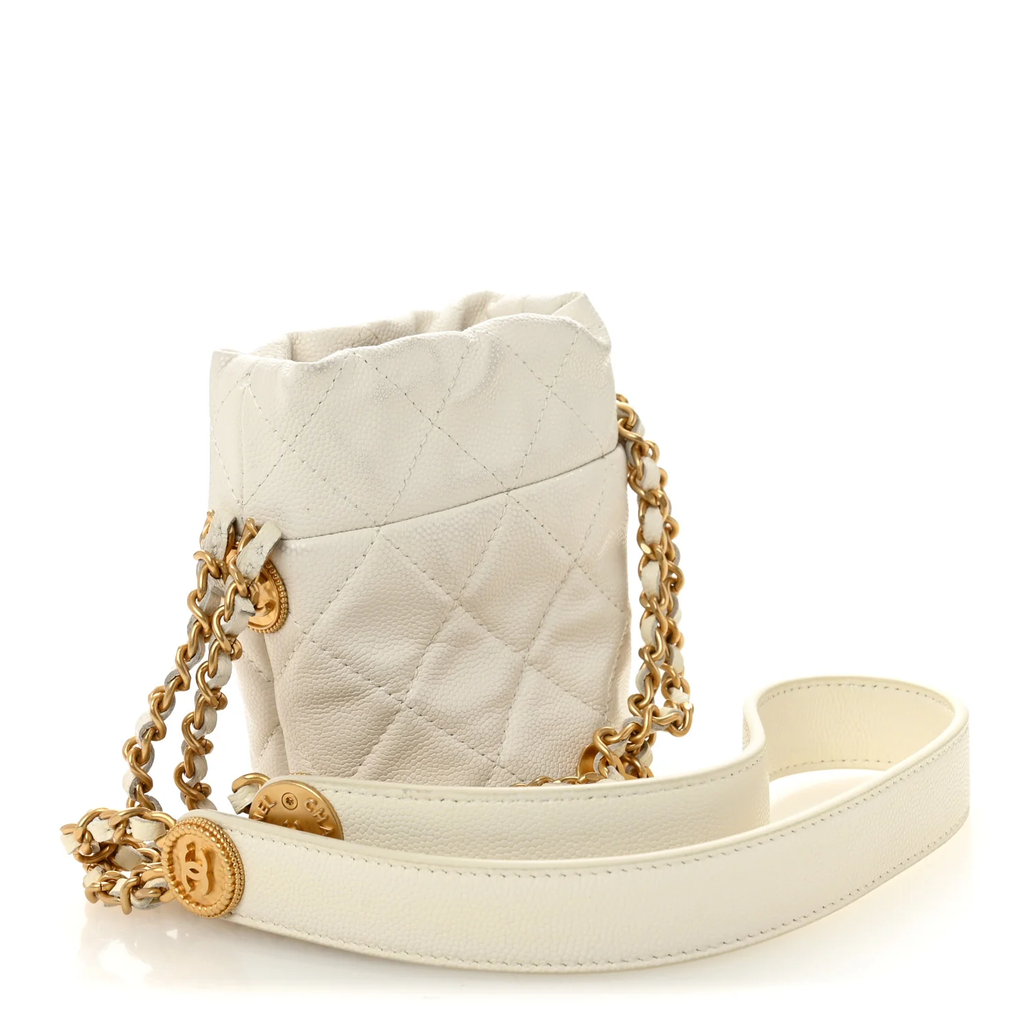 Caviar Quilted Twist Your Buttons Mini Bucket Bag White - Top Club