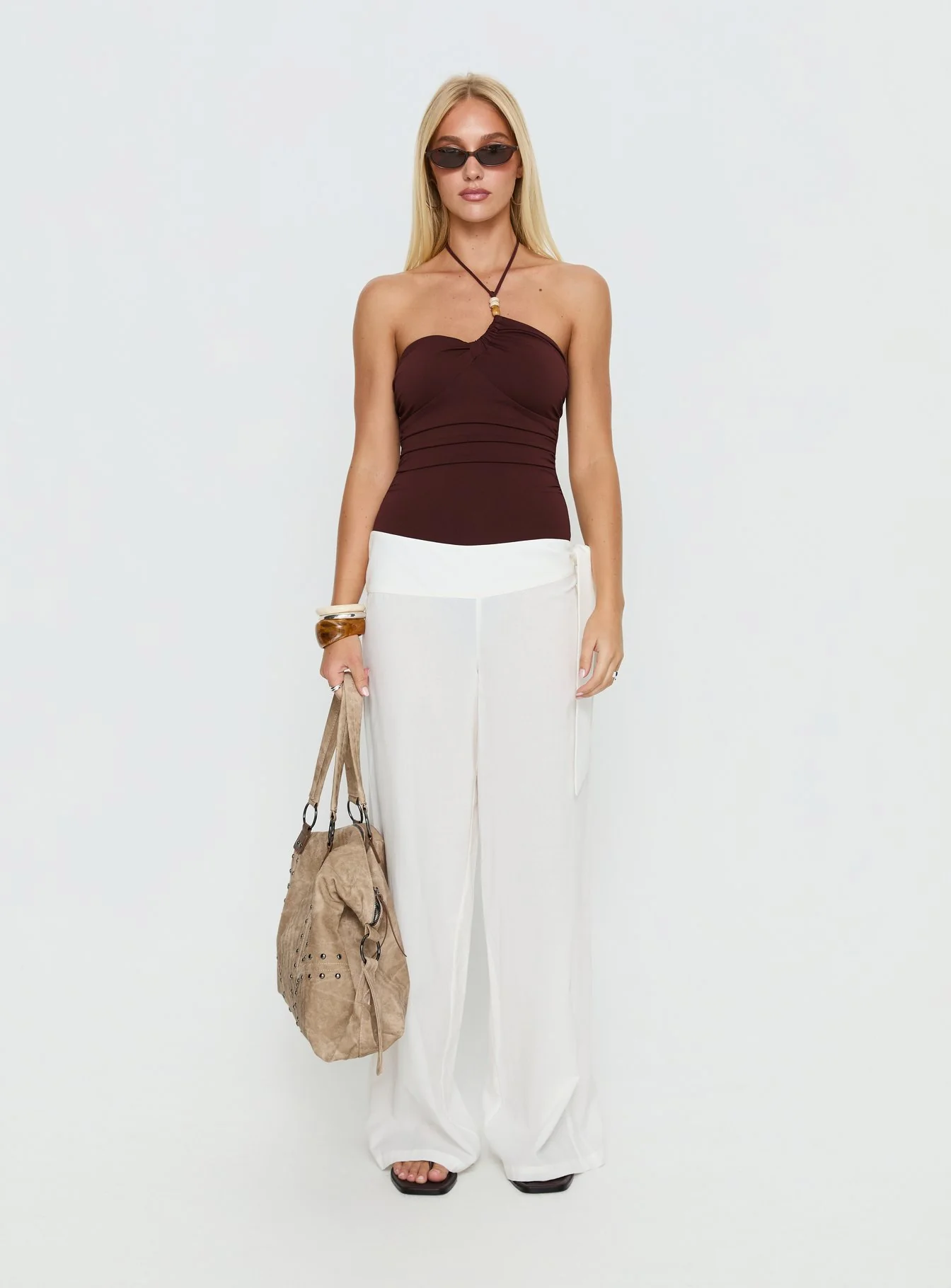 Meda Bead Detail Ruched Bodysuit Brown