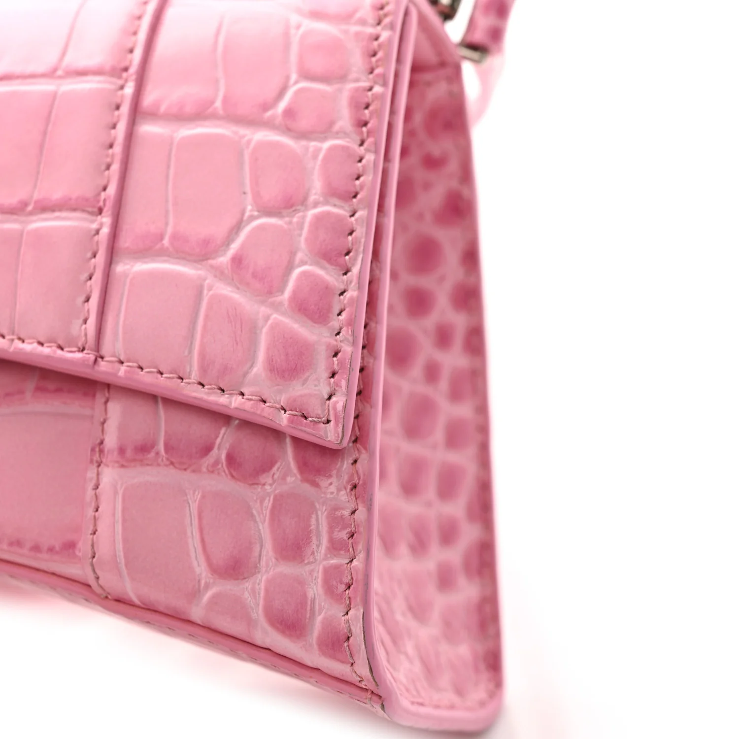 Shiny Calfskin Crocodile Embossed Hourglass Top Handle Bag XS Sweet Pink - Top Club