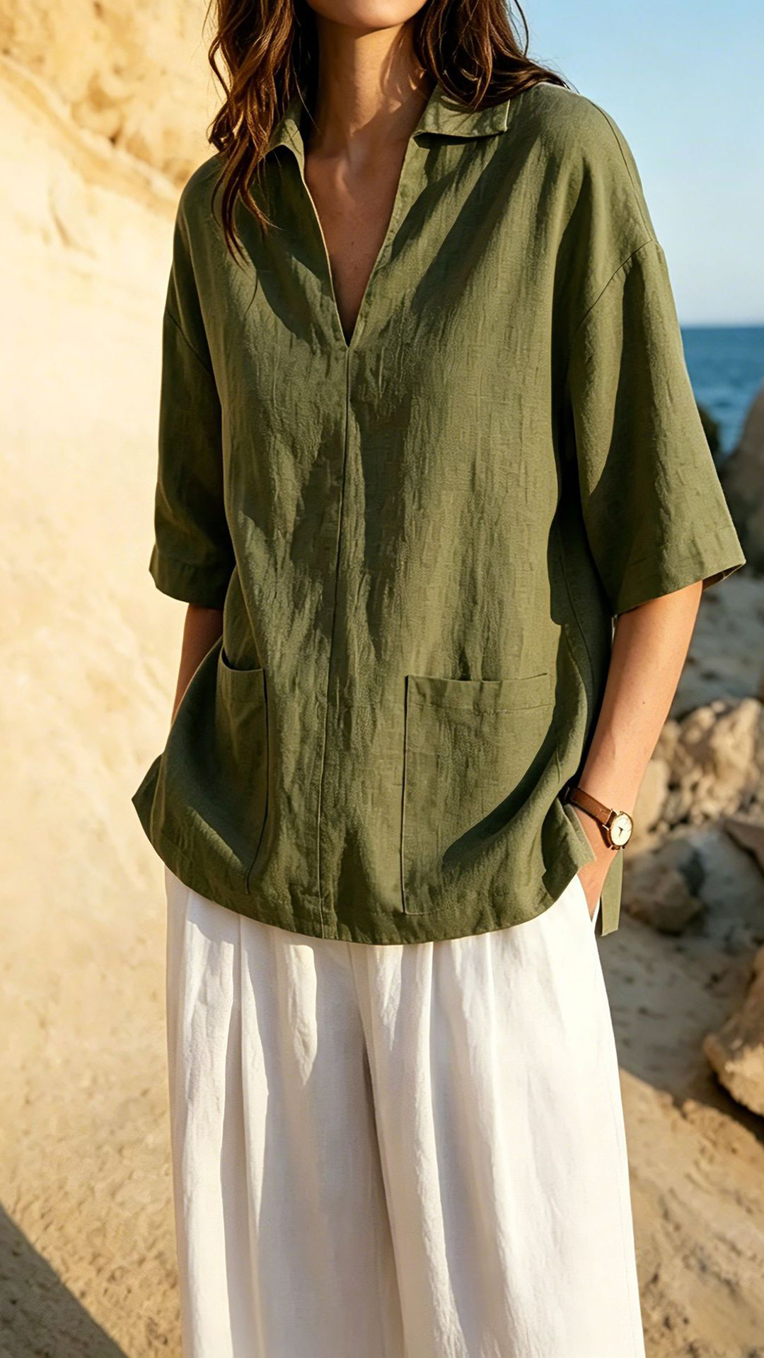 Women's Khaki Collared Mid-sleeve Cotton-blend Blouse - Nordfashionstorm - Women's Clothing, Fashion for You - Nordfashionstorm.com