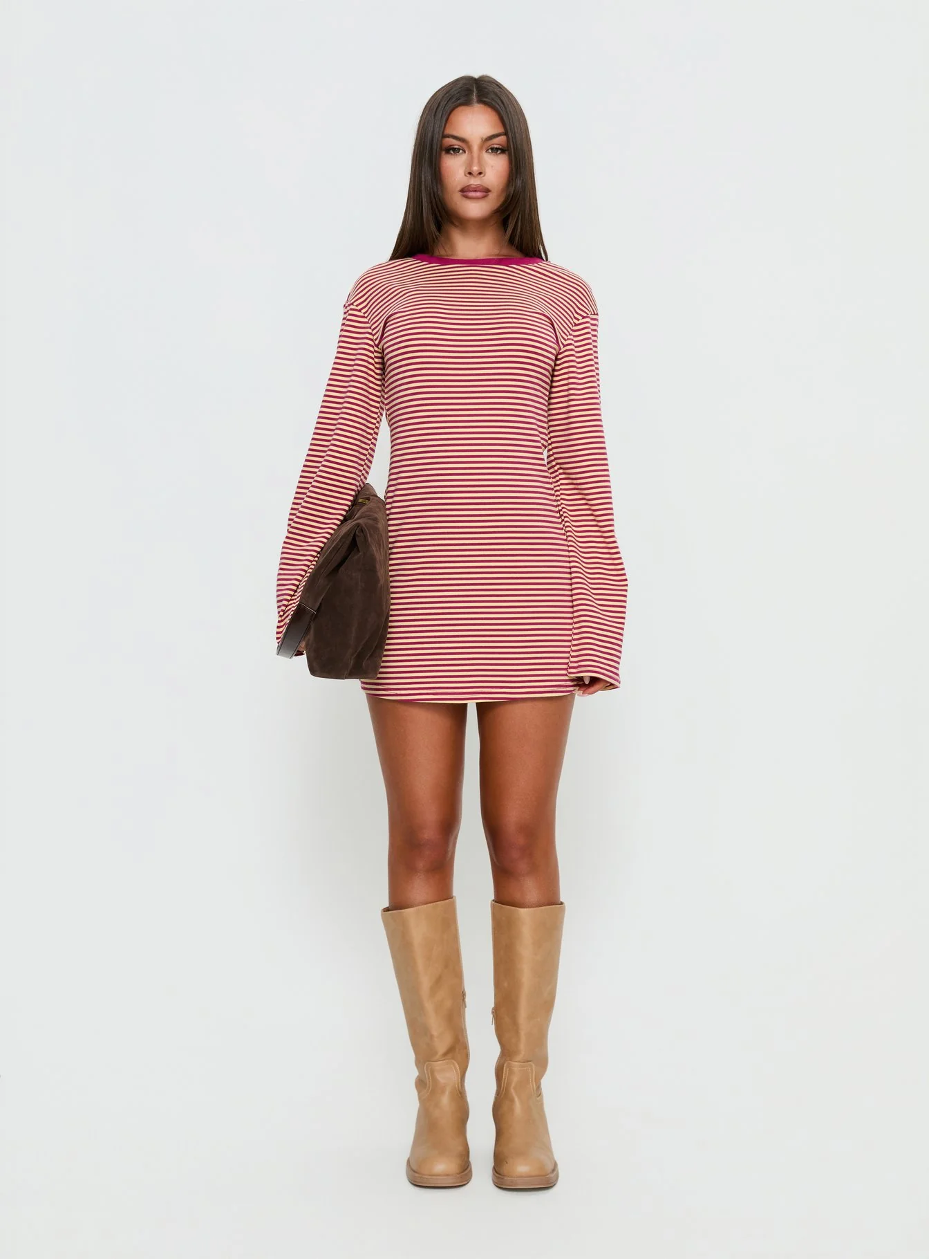 Lulolah Long Sleeve Mini Dress Lemon / Burgundy Stripe