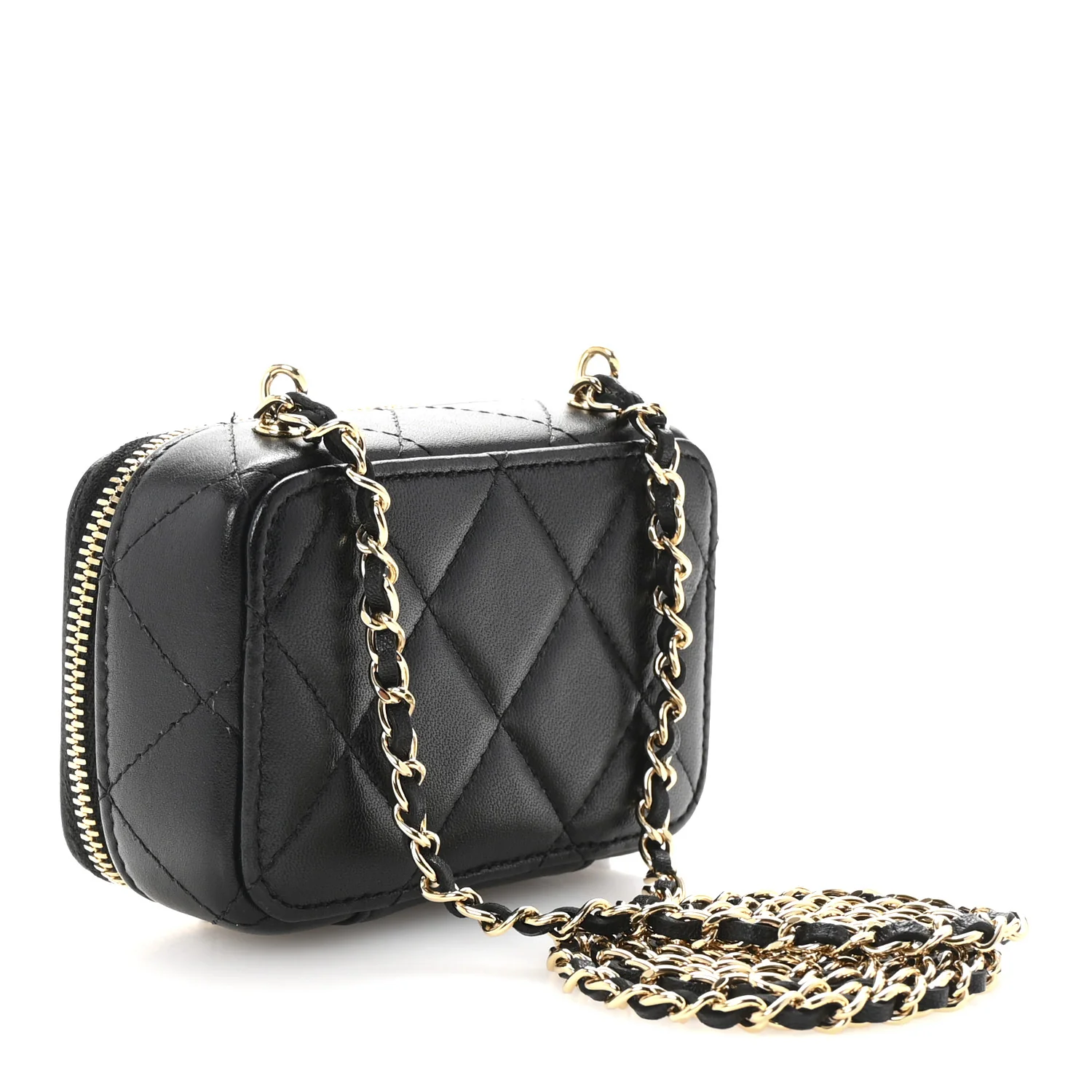 Lambskin Metal Quilted Extra Mini Vanity Case With Chain Black Gold - Top Club