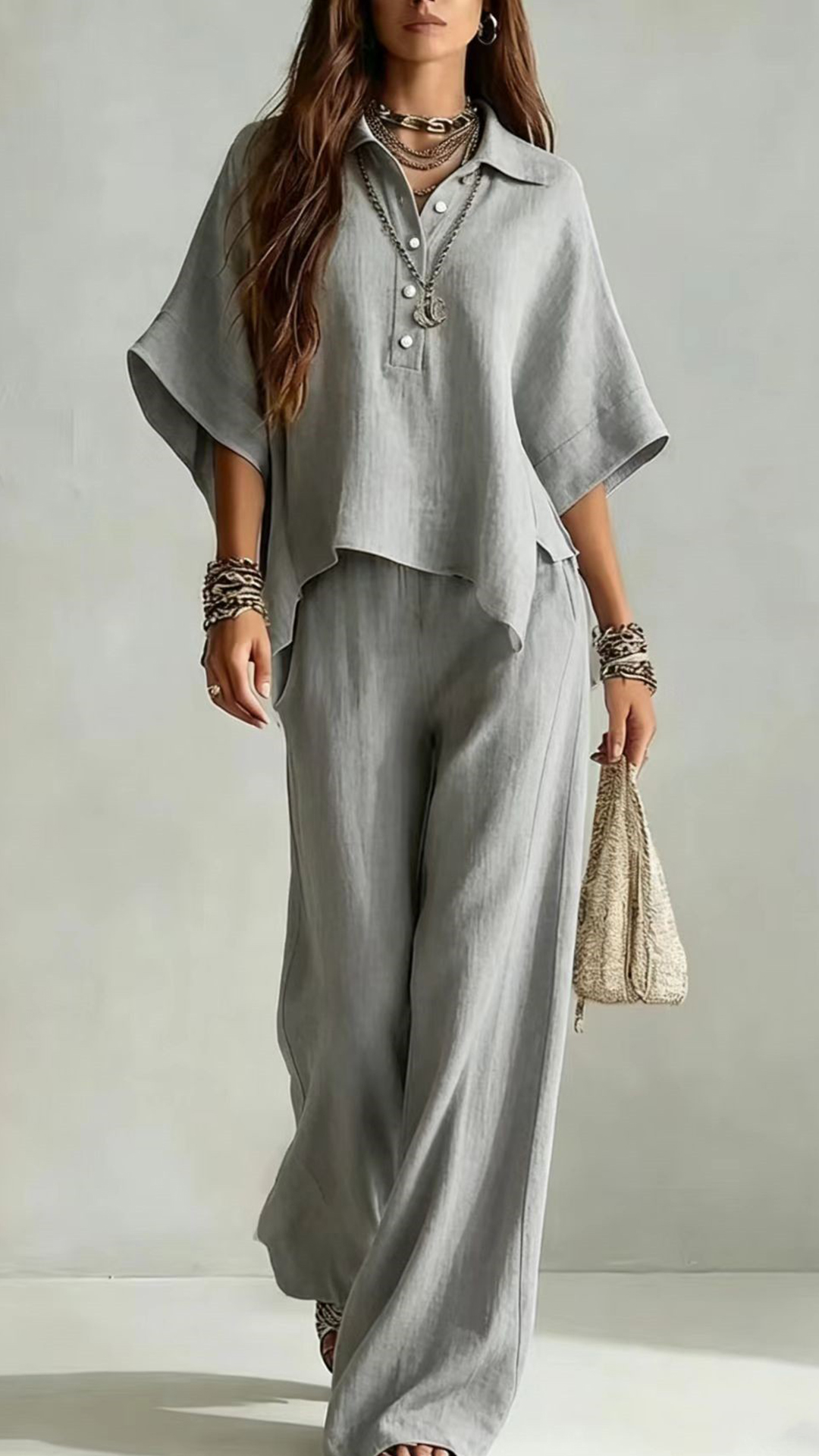 Women's Cotton-Blend Henley Neck Wide-Leg Pants Set - Nordfashionstorm - Women's Clothing, Fashion for You - Nordfashionstorm.com