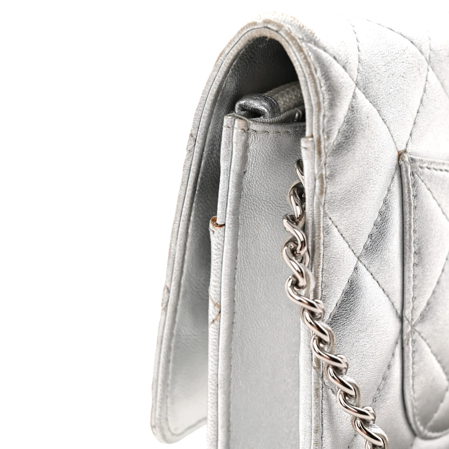 Metallic Lambskin Quilted Wallet On Chain WOC Silver - Top Club