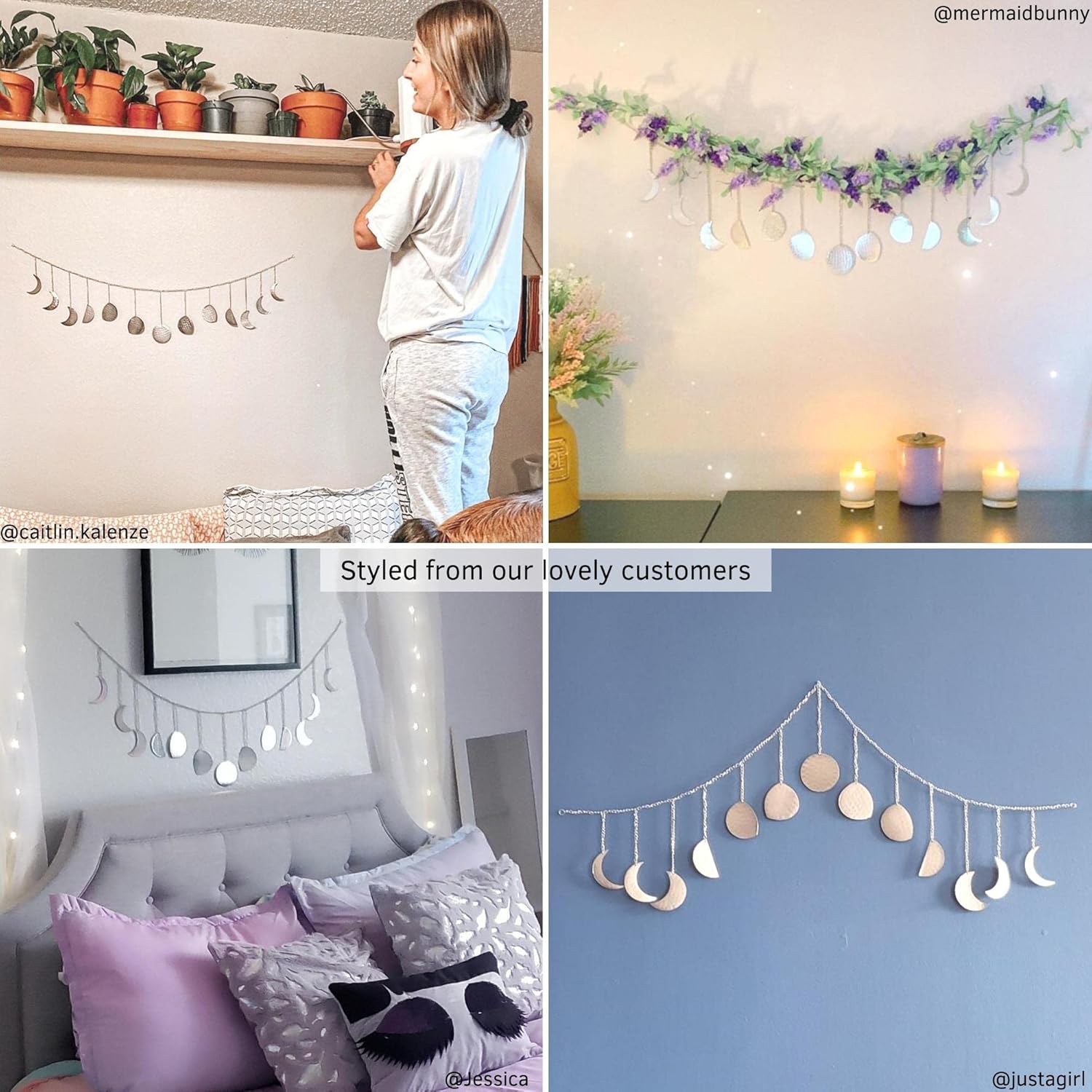 BASE ROOTS Hanging Shelves for Wall [Set of 2 w/Hooks] Wooden Shelf Macrame Rope, Natural Light Reclaimed Wood, Moon Phase Wall Hanging, Handmade Hammered Silver Metal 13 Moons 36