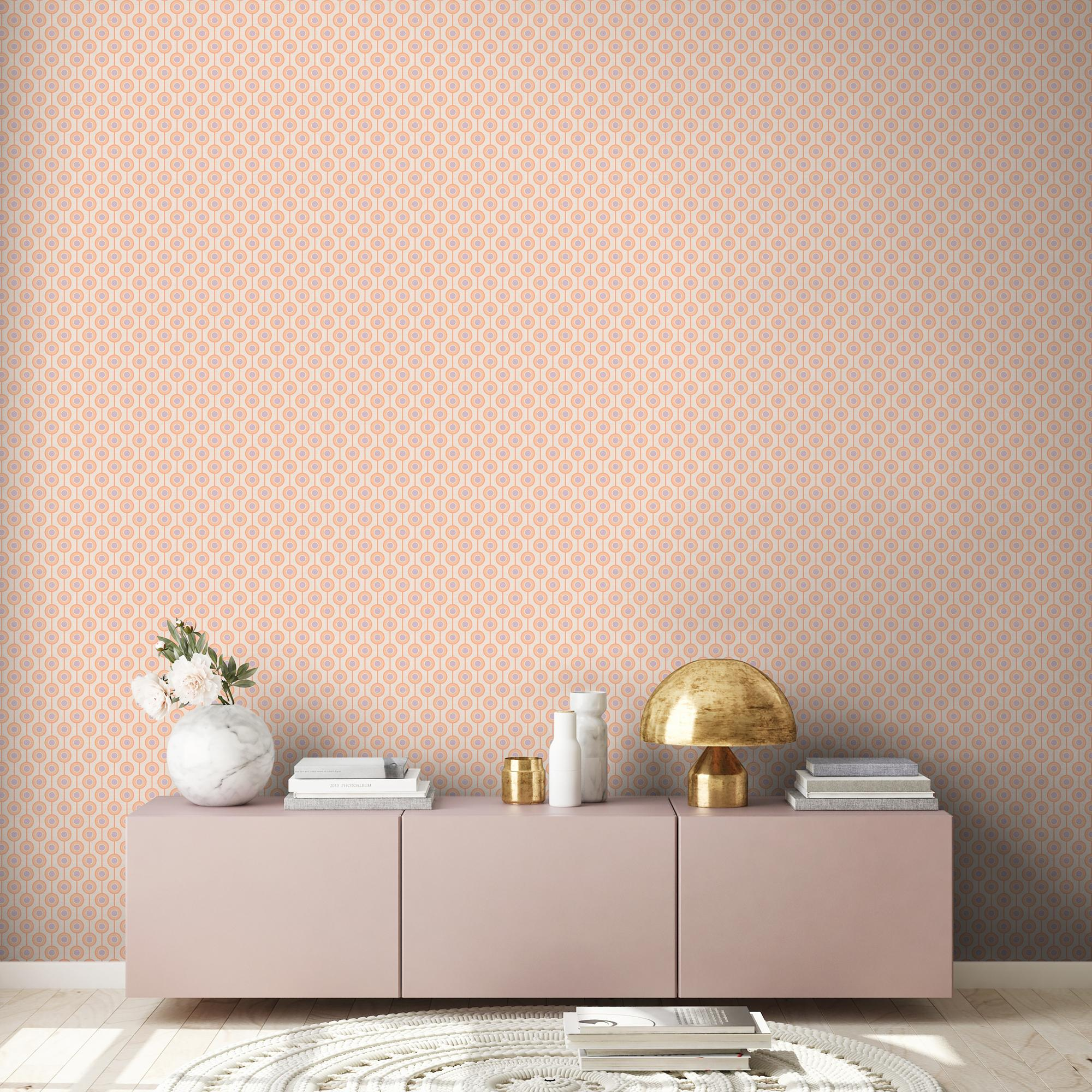 Vliesbehang met cirkelpatroon in zachte kleuren – beige, oranje, paars #1