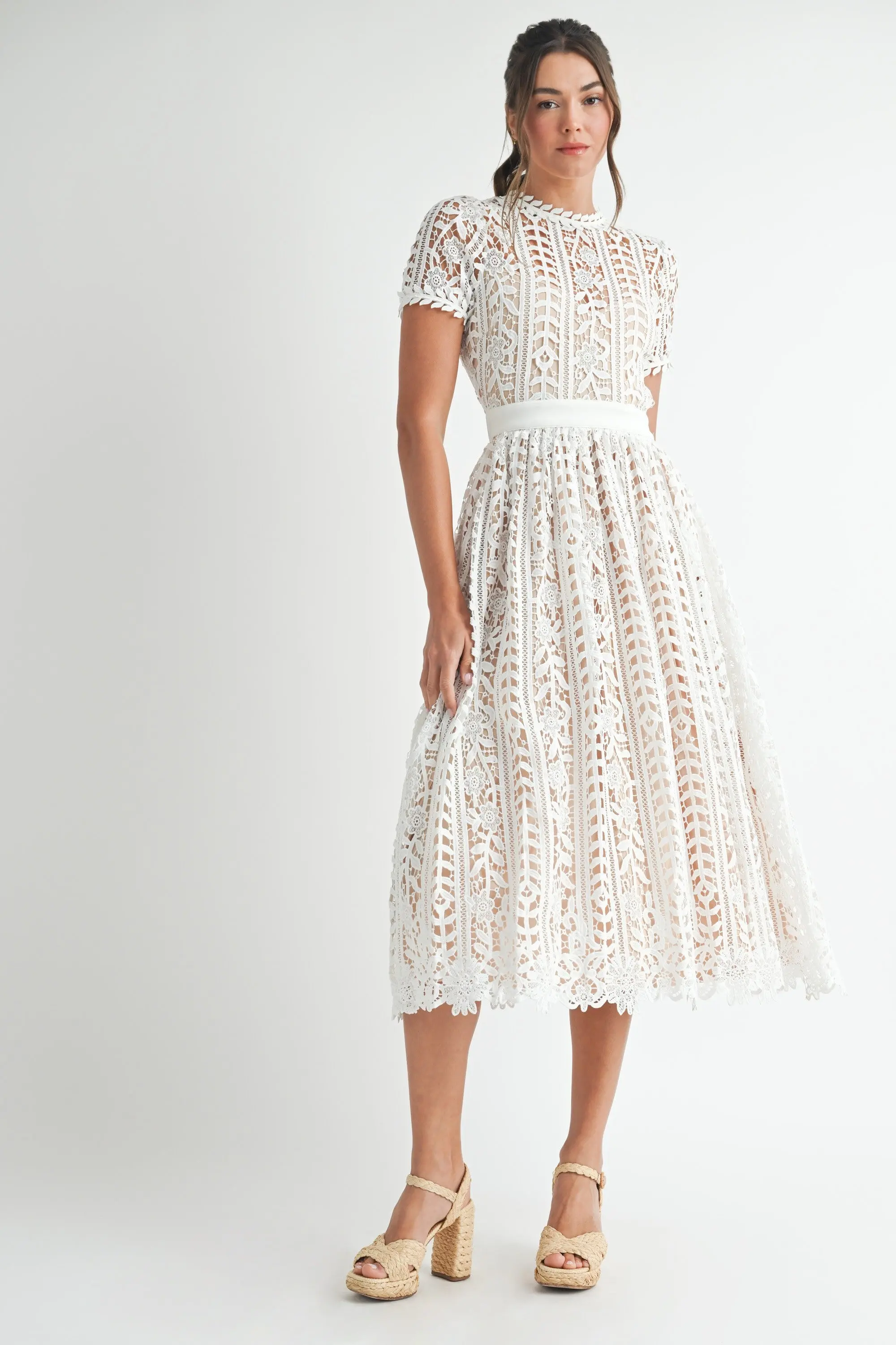 Sunset Stroll Short Sleeve Lace Midi Dress - ALJEGJ