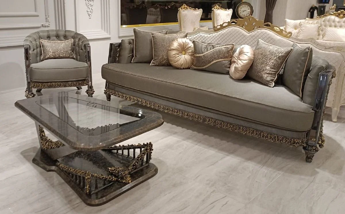 Luxury Baroque Living Room Set Gray / Gold - 2 Baroque Sofas & 2 Baroque Armchairs & 1 Baroque Coffee Table with Glass Top - Handcrafted Luxury Living Room Furniture in Baroque Style