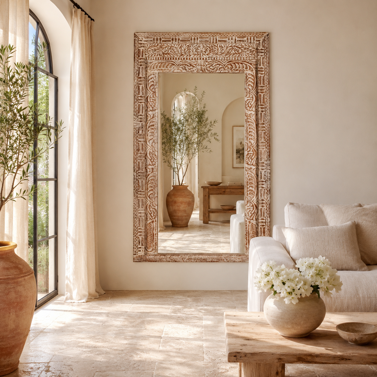 Anushara - Grote Handgesneden Wandspiegel Ibiza Stijl
