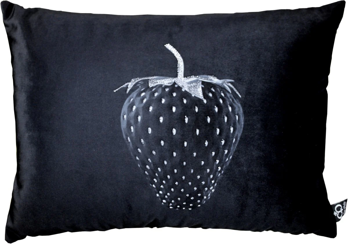 Luxury decorative cushion Strawberry with Bling Bling glitter stones black / silver 35 x 55 cm - Finest velvet fabric - Luxury decorative accessories