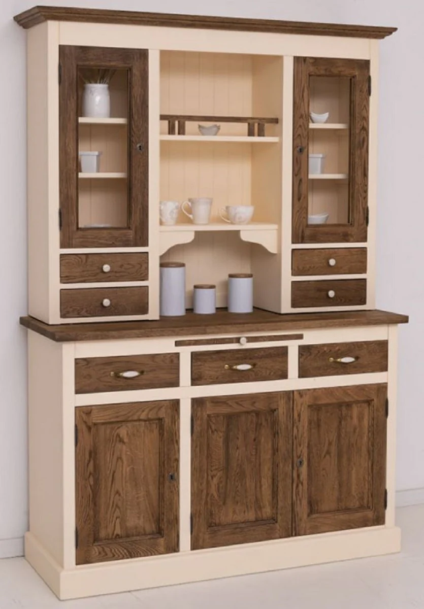 Country house style dining room cabinet cream / dark brown 137 x 50 x H. 197 cm - solid wood kitchen cabinet - dining room furniture in country house style - country house style dining room furnishings