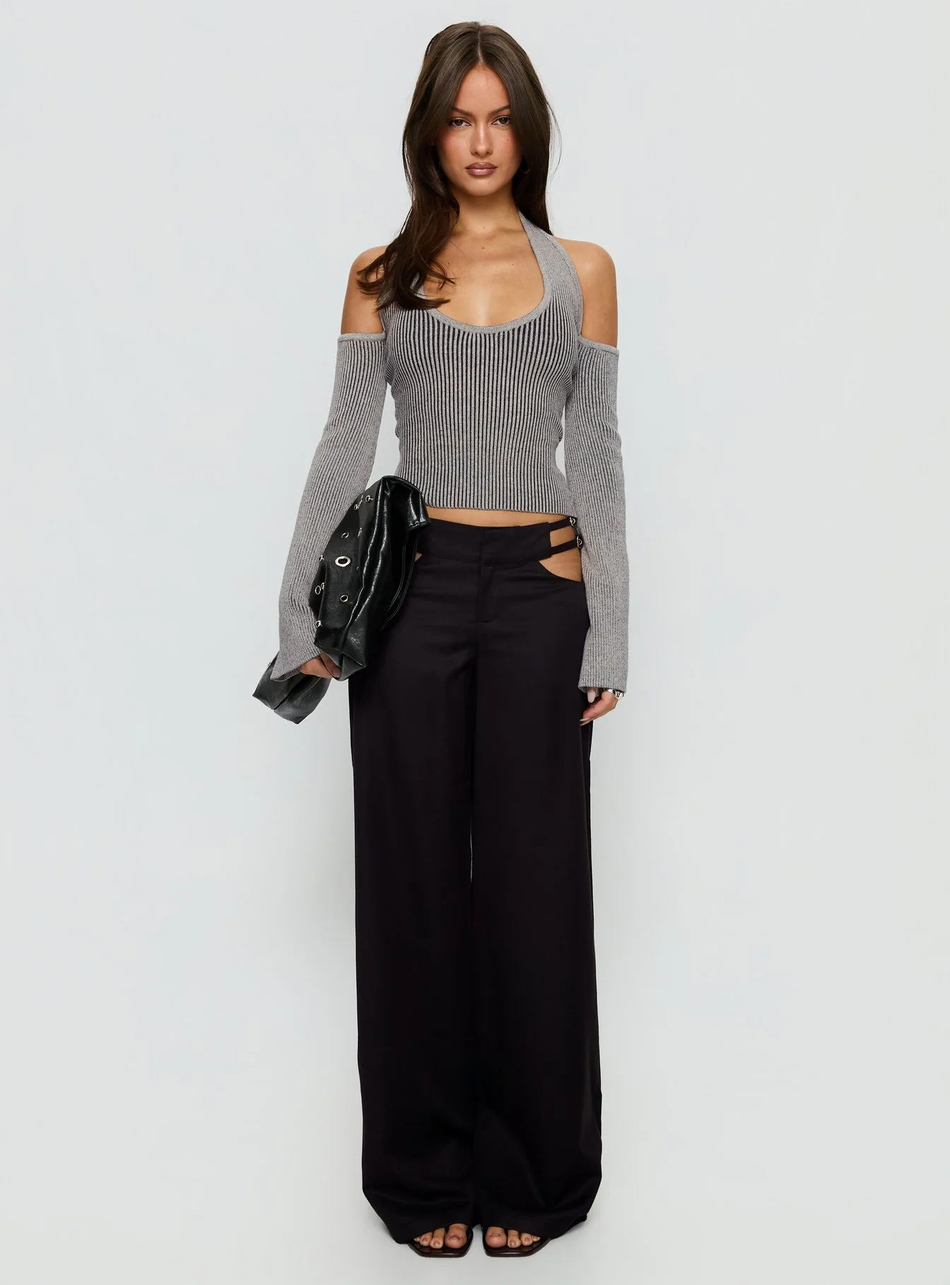 Venicia Belt Detail Suiting Pant Black Pinstripe