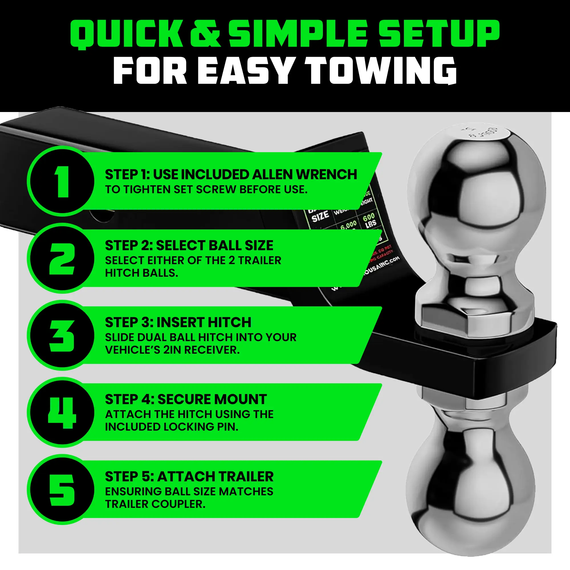 Rhino USA Dual Ball Hitch, Heavy Duty Reversible Tow Hitch Fits 2
