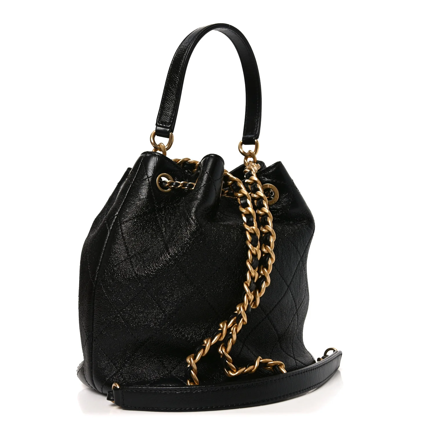 Shiny Lambskin Quilted Fashion Therapy Bucket Drawstring Bag Black - Top Club