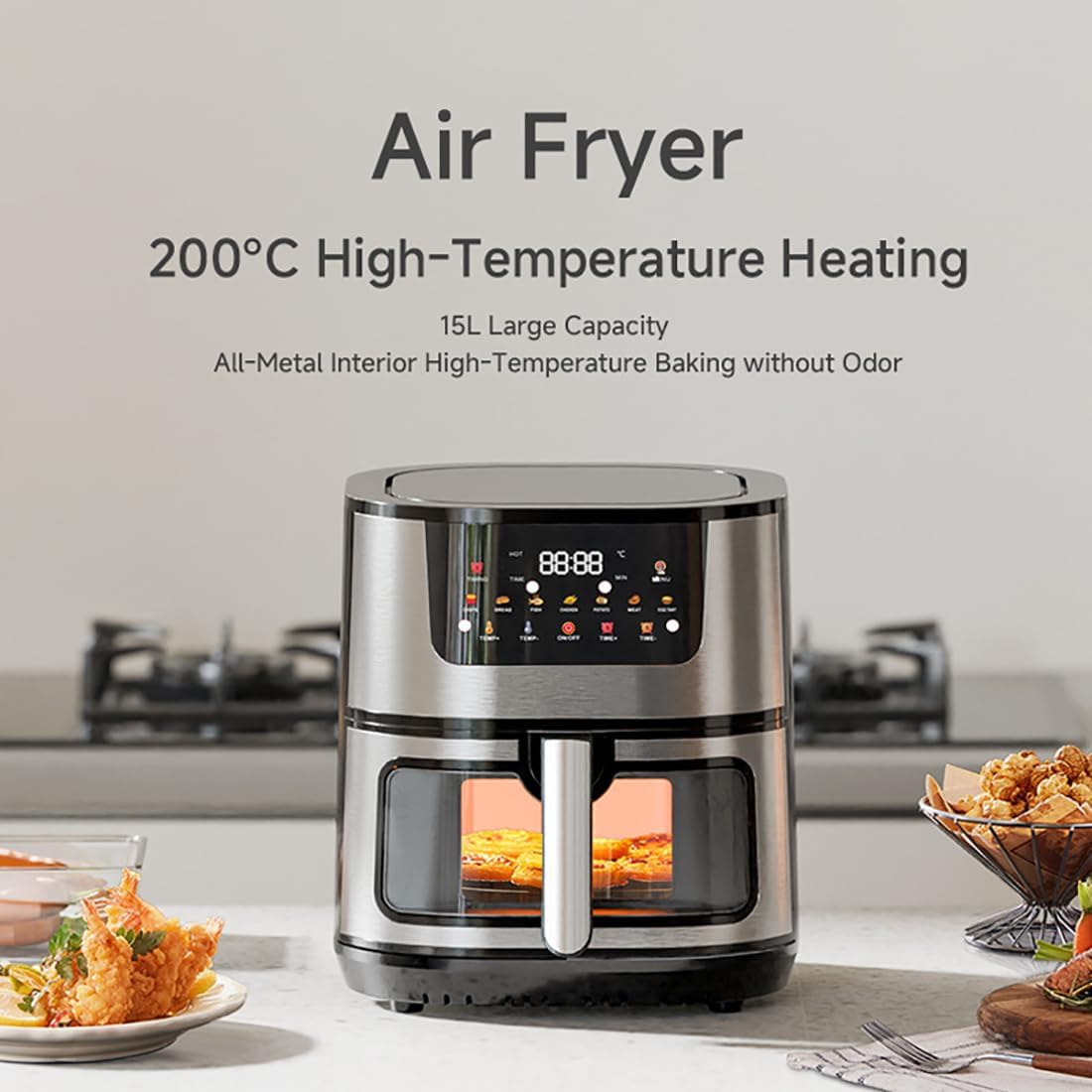 Forno Elettrico, Friggitrice ad Aria da 15 Litri con Cottura Rapida Tridimensionale, 12 Menu Preimpostati, Protezione in Caso di Interruzione di Alimentazione, Finestra Panoramica, Interno in Metallo