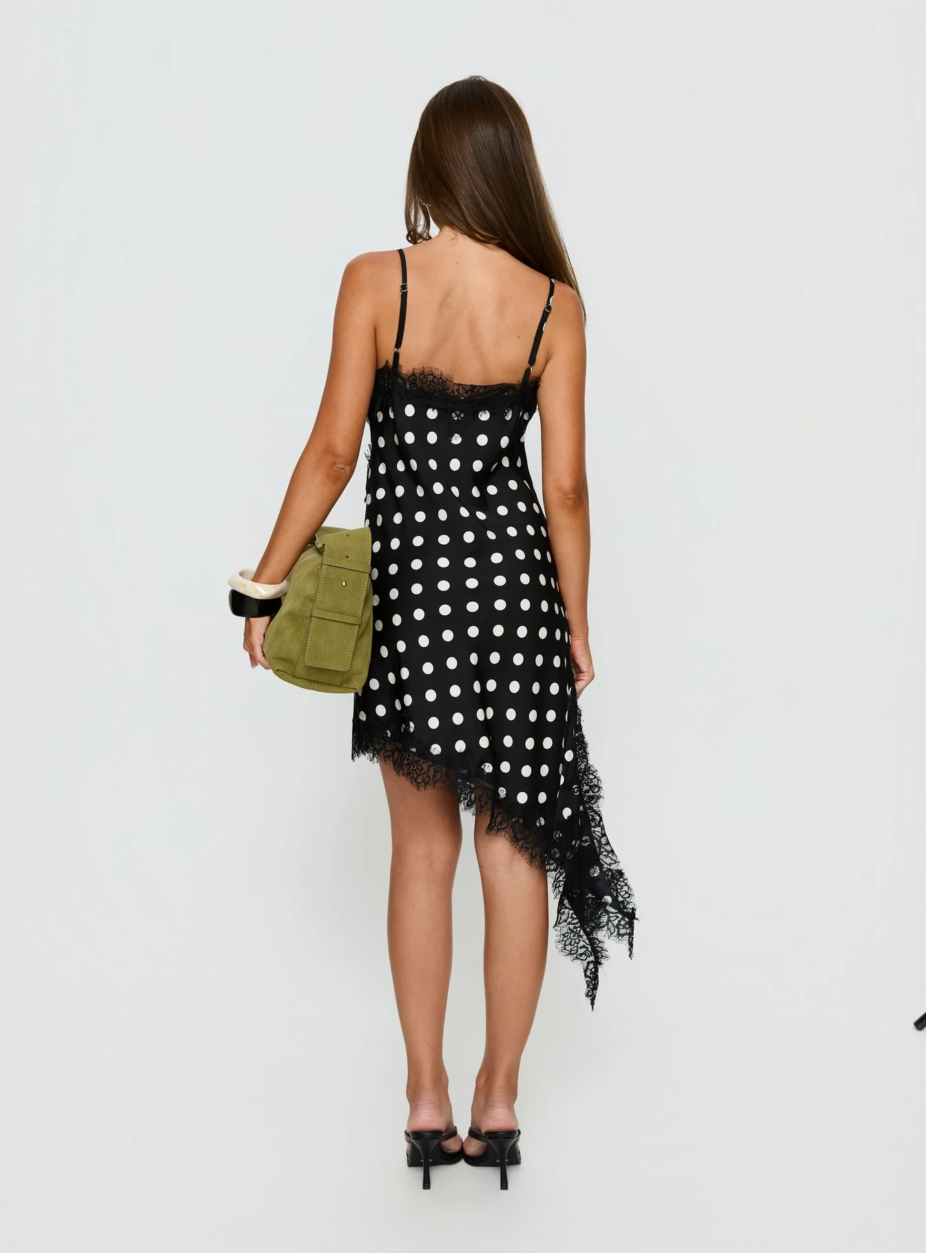 Afterdark Lace Asymmetrical Mini Dress Black Polka Dot