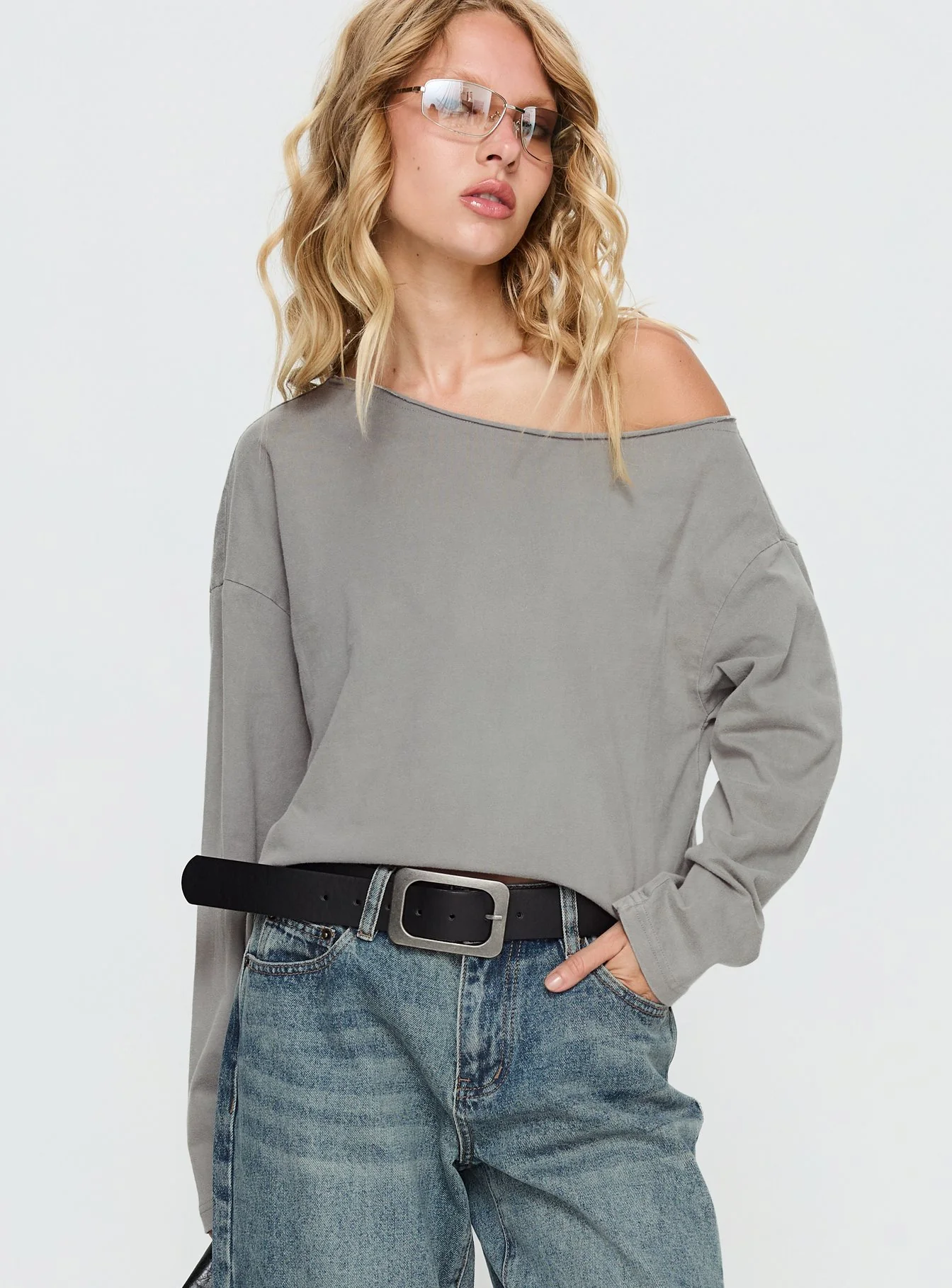 Karlyn Off Shoulder Long Sleeve Top Grey