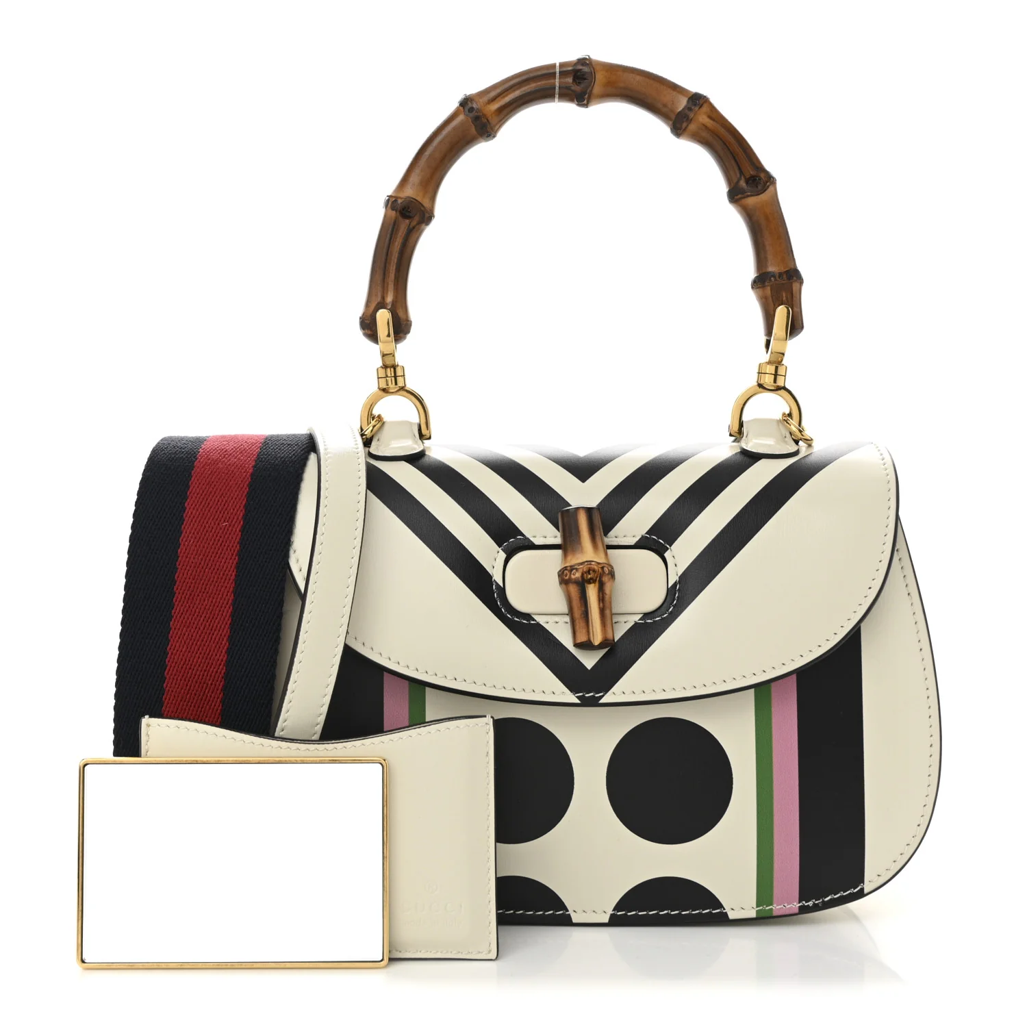 Calfskin Web Geometric Print Small Bamboo 1947 Top Handle Bag White Multi - Top Club