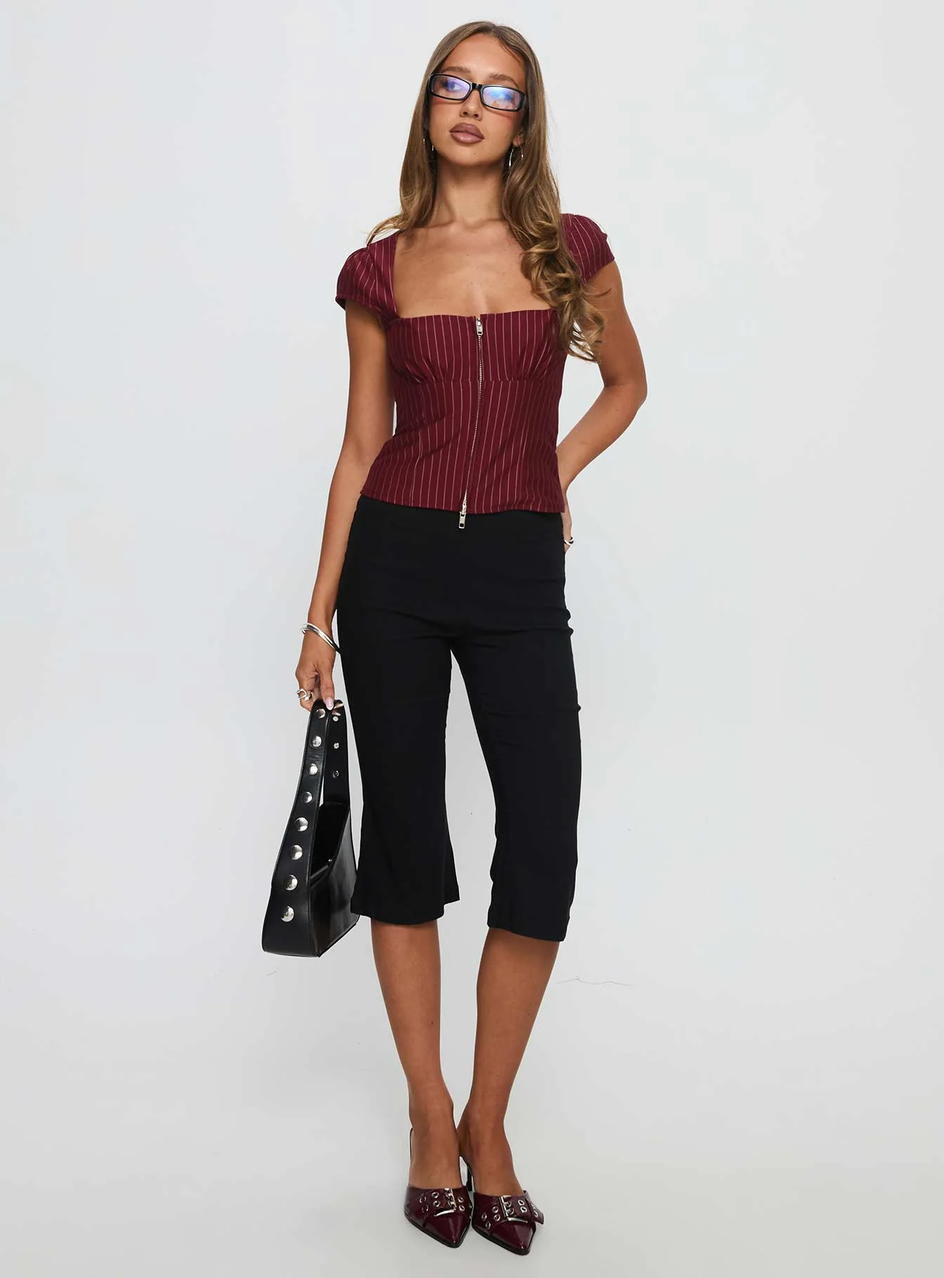 Santa Cruz Zip Through Top Burgundy Pinstripe