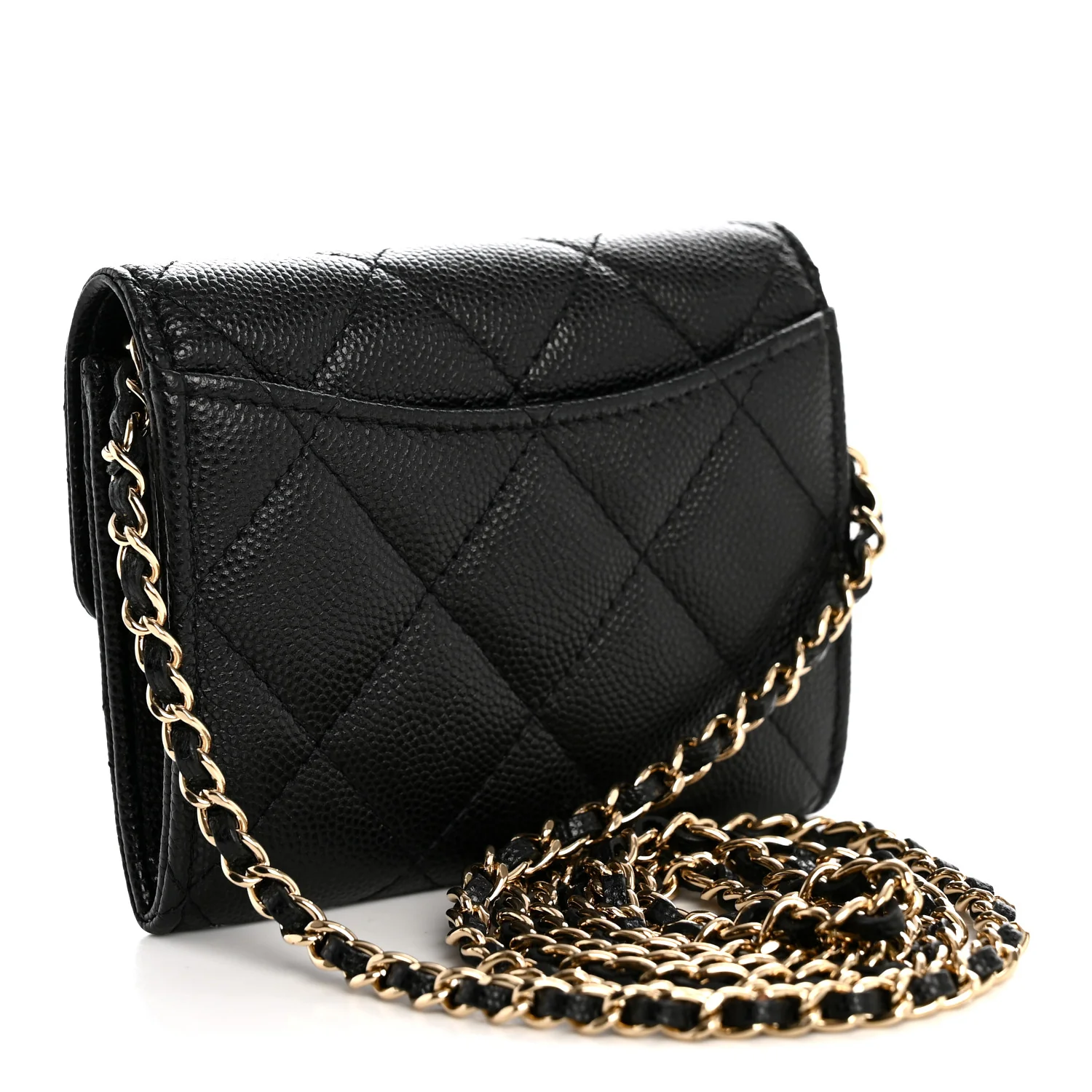 Caviar Quilted Flap Card Holder On Chain Black - Top Club
