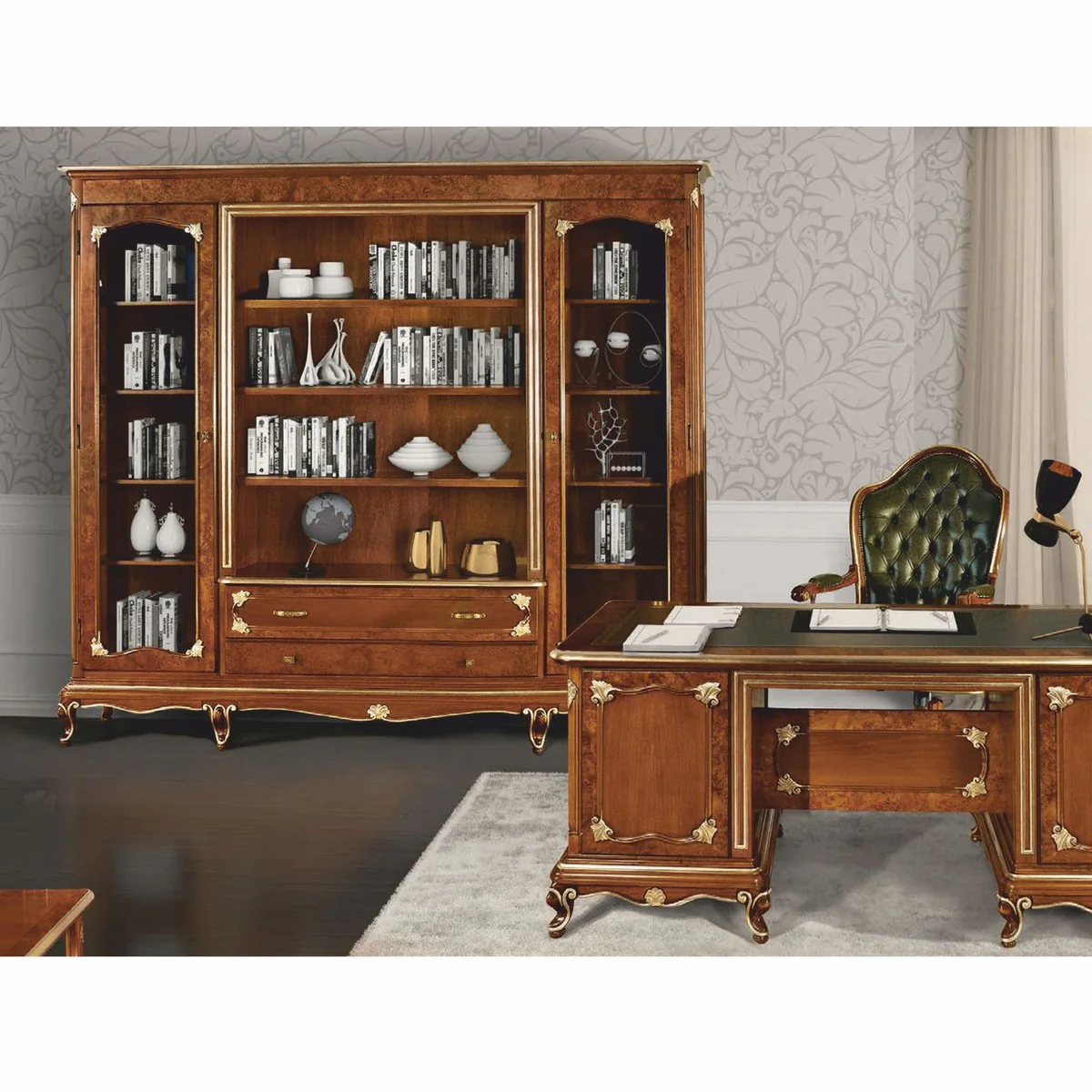 Luxury Baroque bookcase brown / gold 250 x H. 227 cm - Made in Italy