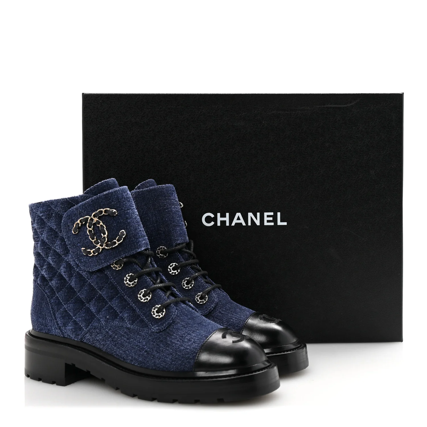 Shiny Calfskin Velvet Quilted Lace Up Combat Boots 38.5 Blue Black - Top Club