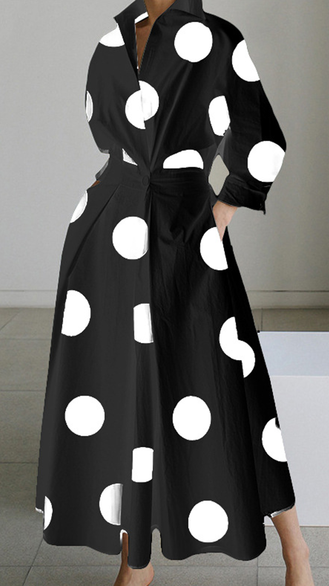 Women's Cotton-Blend White & Black Polka Dot Waisted Shirt Dress - Nordfashionstorm - Women's Clothing, Fashion for You - Nordfashionstorm.com